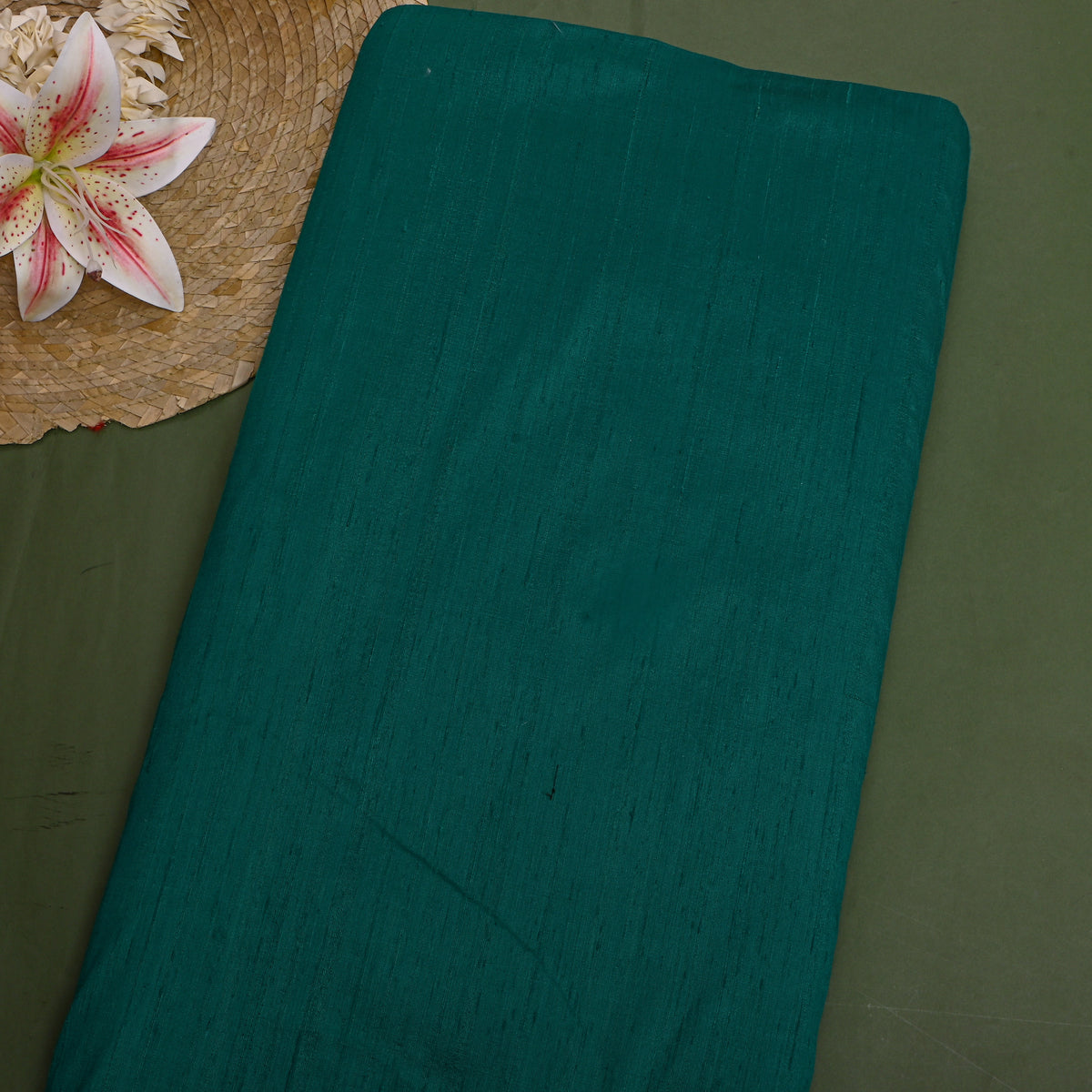 Dark Peacock Green Plain Raw Silk Fabric