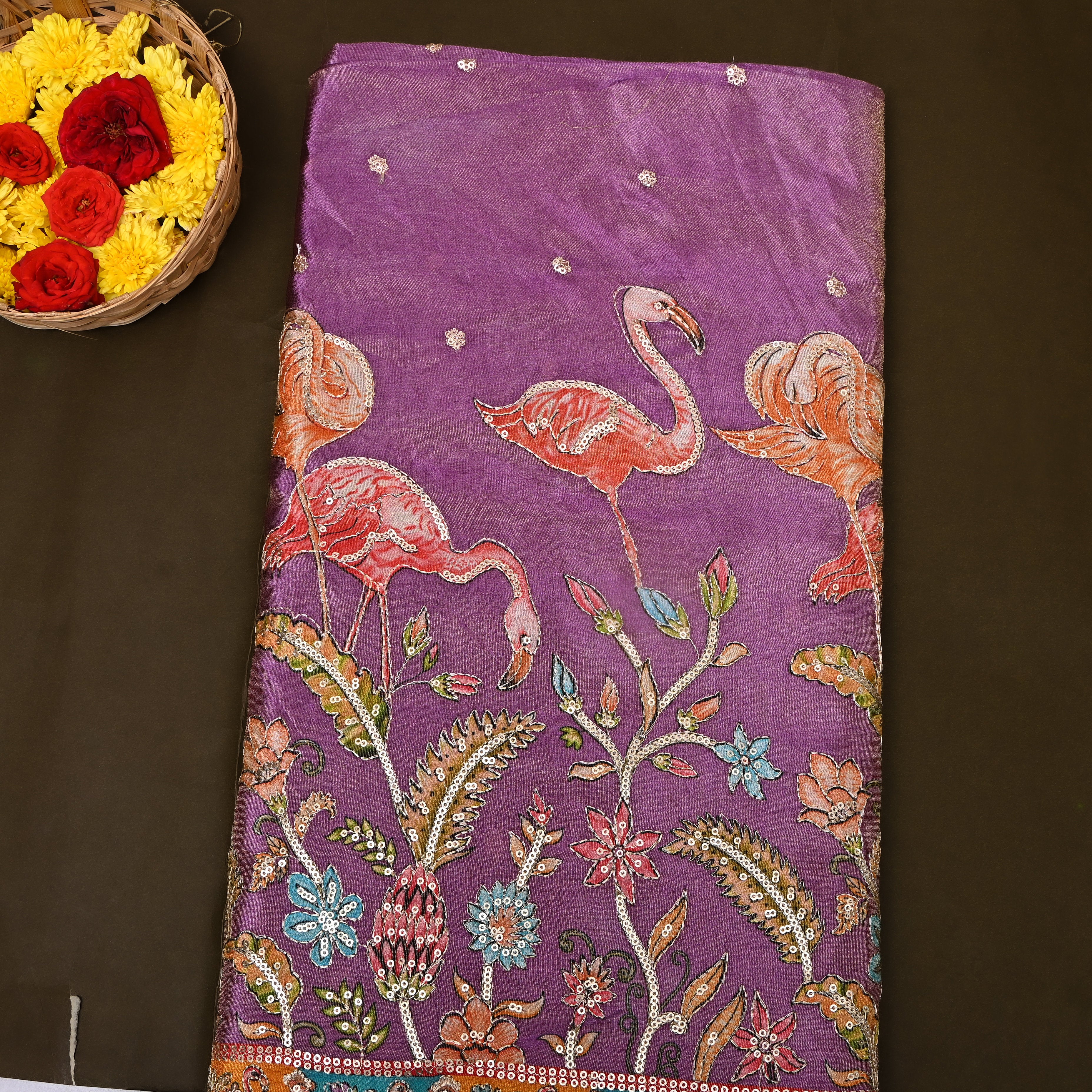 Purple Flamingo Sequin Embroidered Tissue Fabric