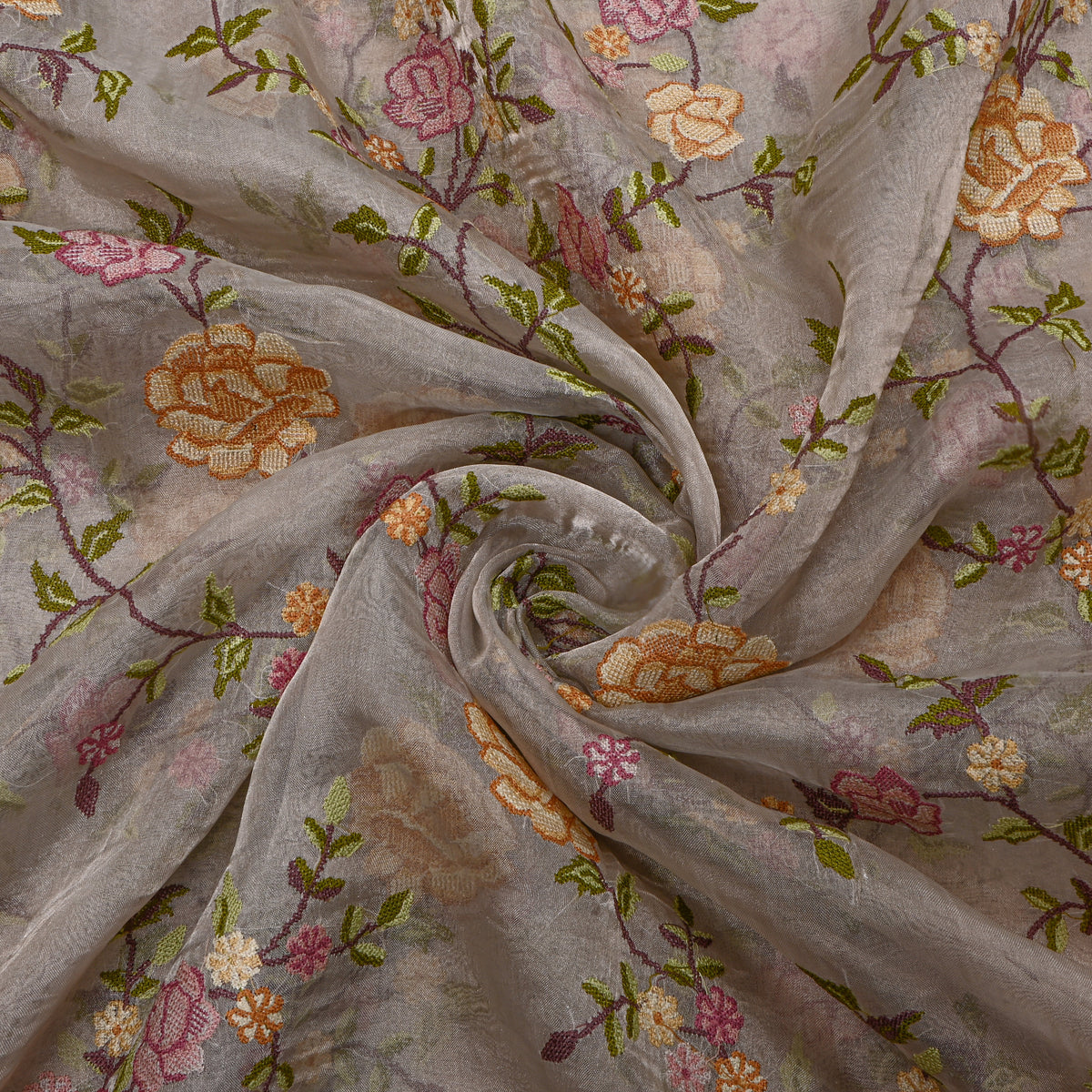 Beige Tissue Fabric With Rose Jaal Thread Work