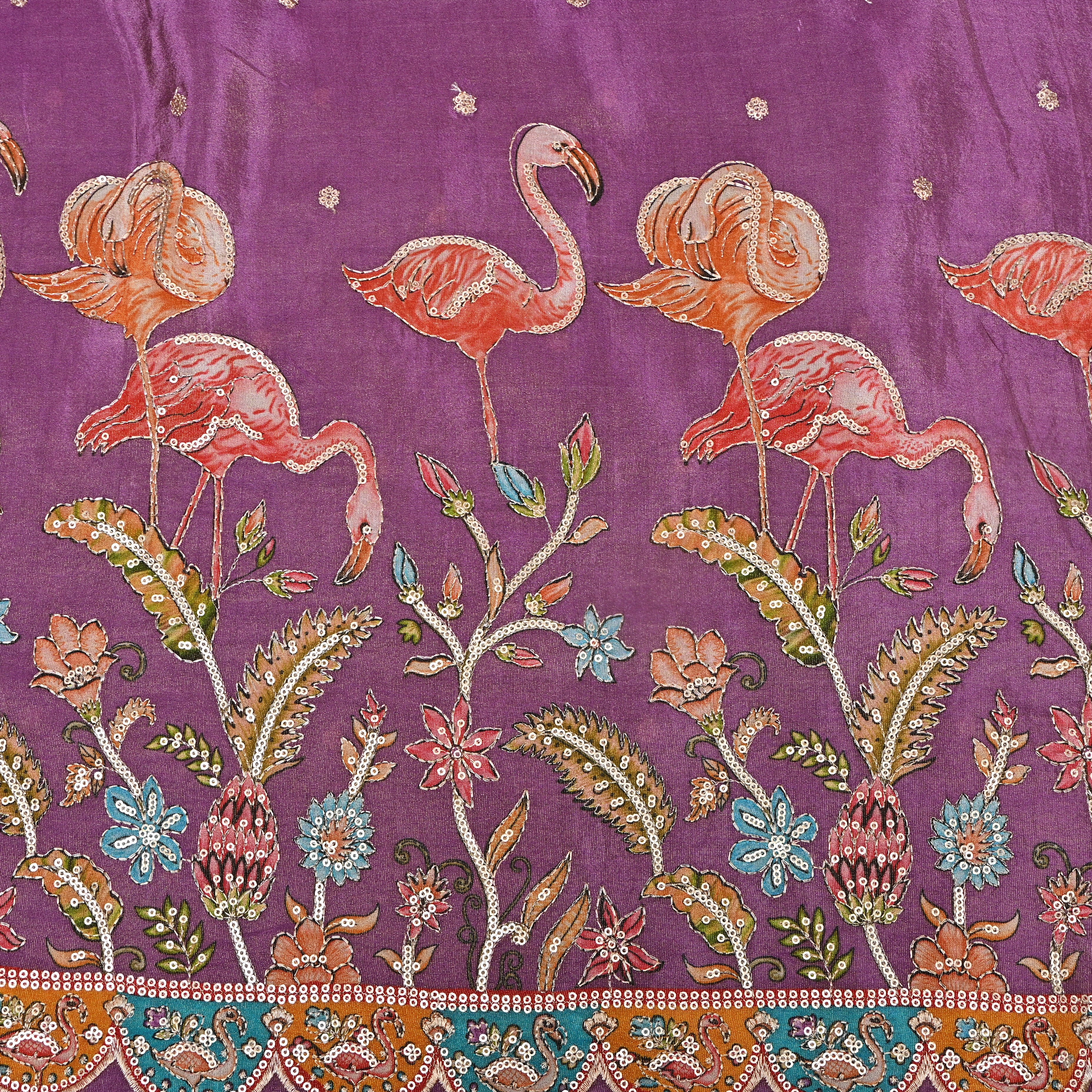 Purple Flamingo Sequin Embroidered Tissue Fabric