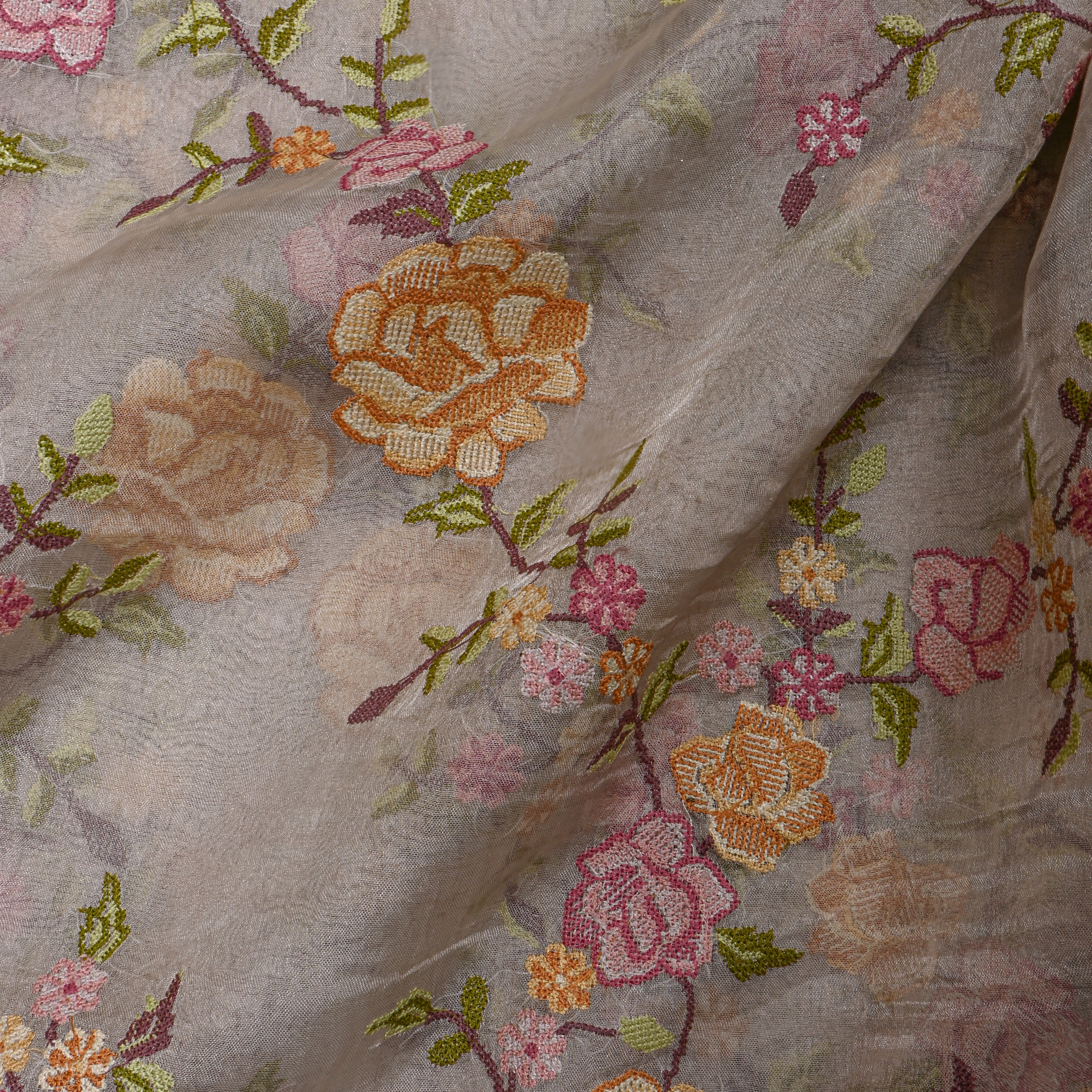 Beige Tissue Fabric With Rose Jaal Thread Work