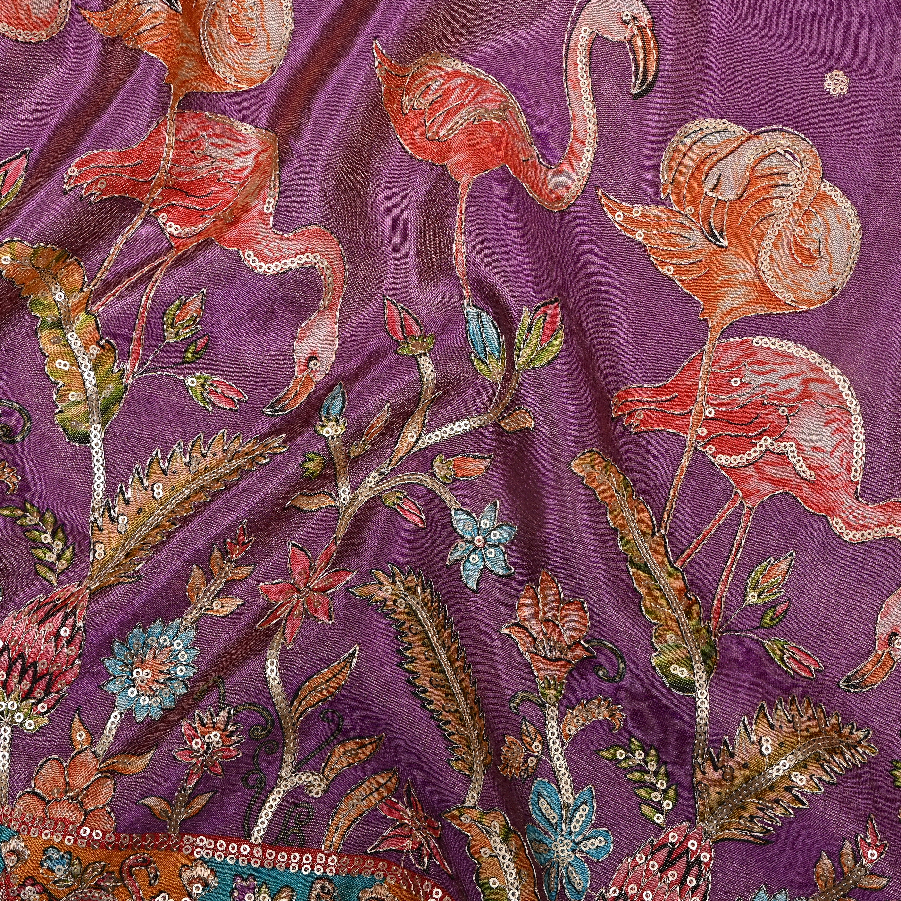 Purple Flamingo Sequin Embroidered Tissue Fabric