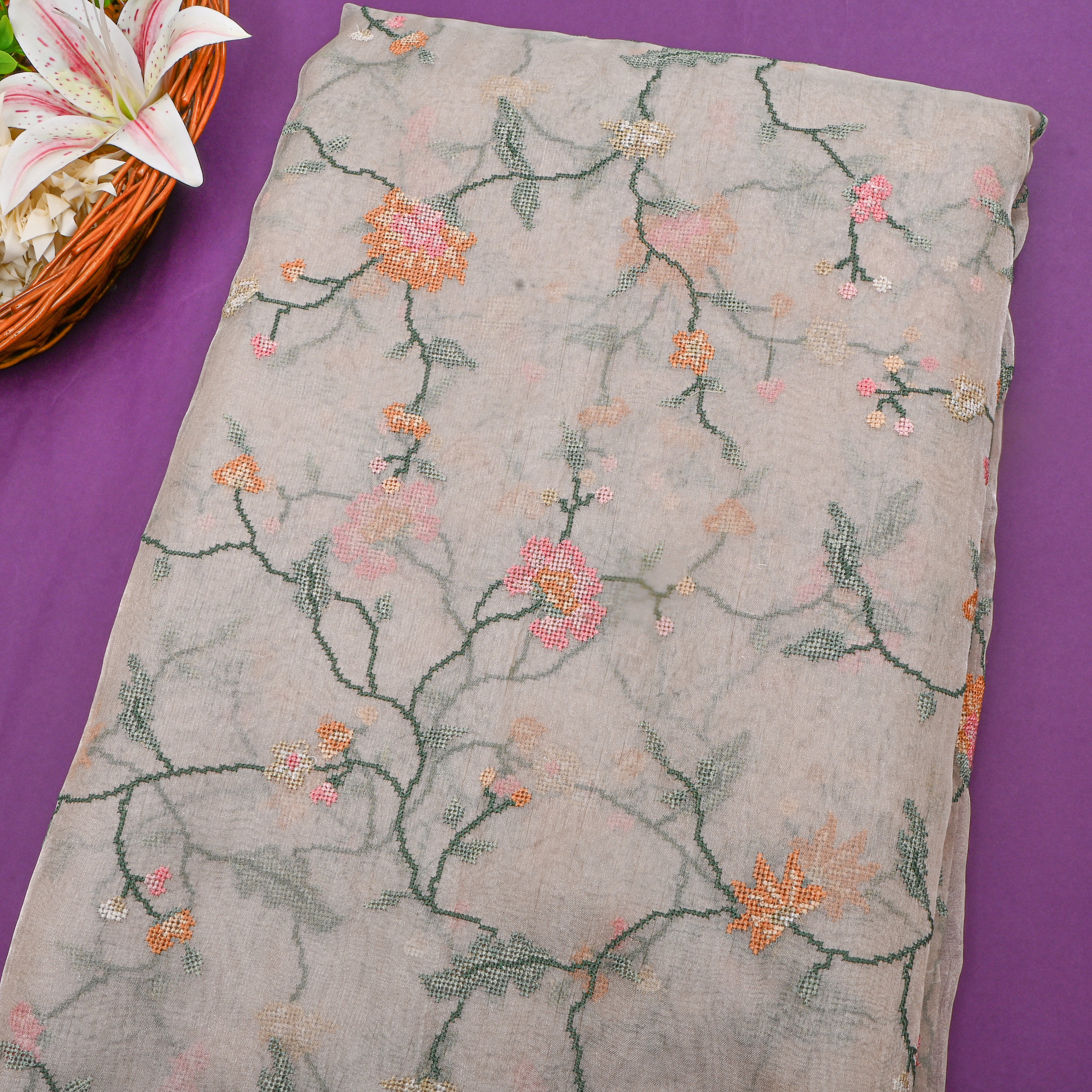 Dark Grey Floral Thread Work Tissue Fabric