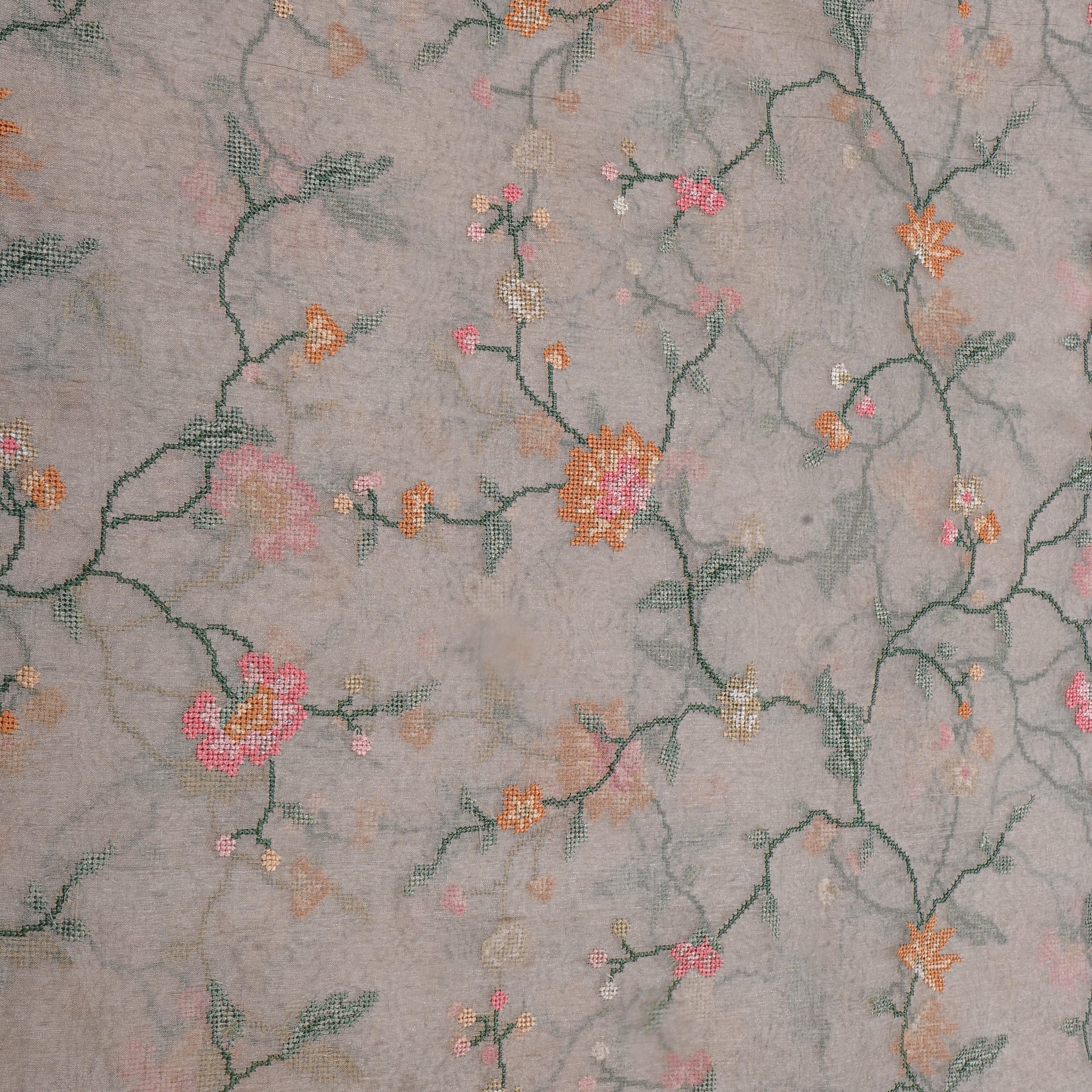 Dark Grey Floral Thread Work Tissue Fabric