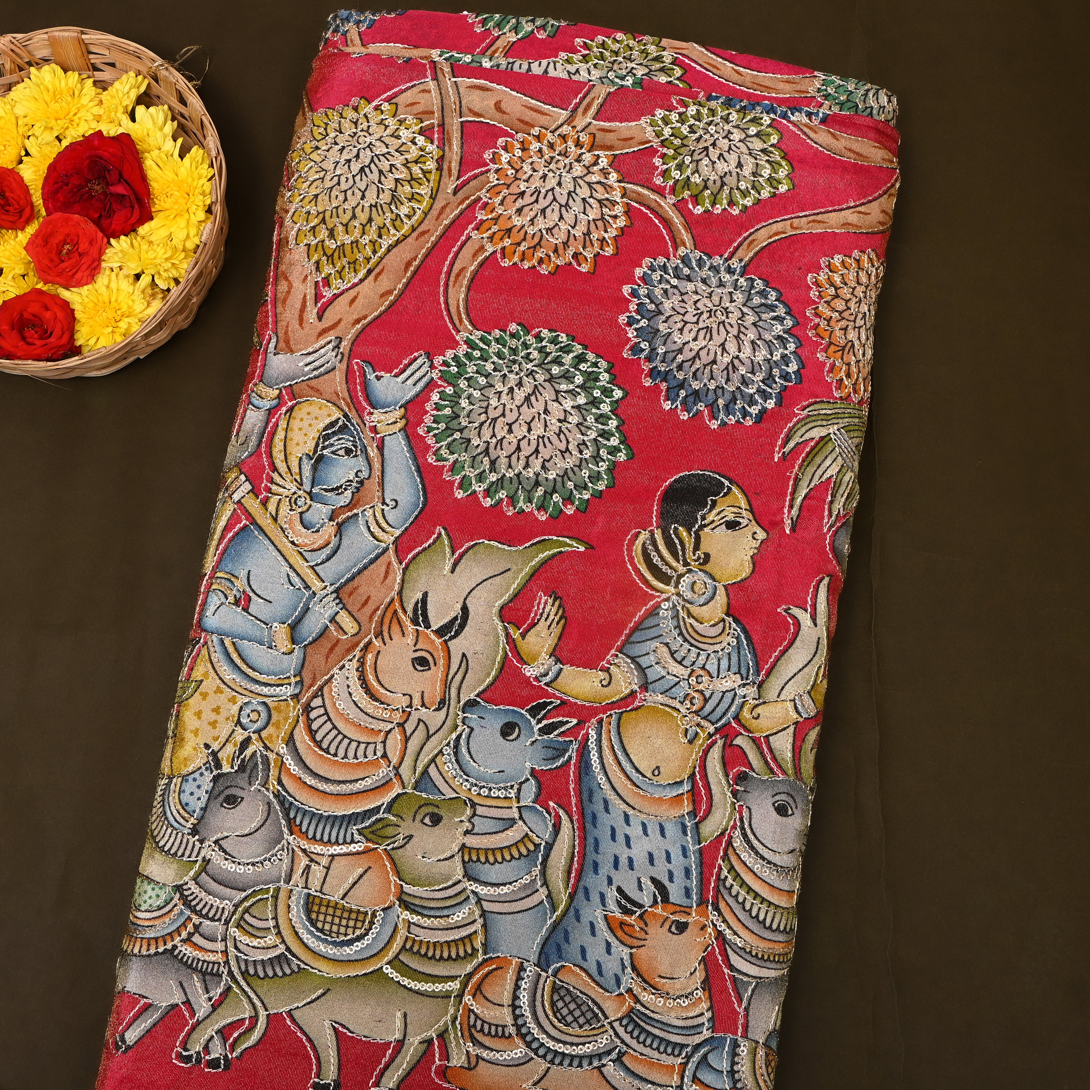Deep Red Pastoral Pichwai Sequin Embroidery Silk Fabric