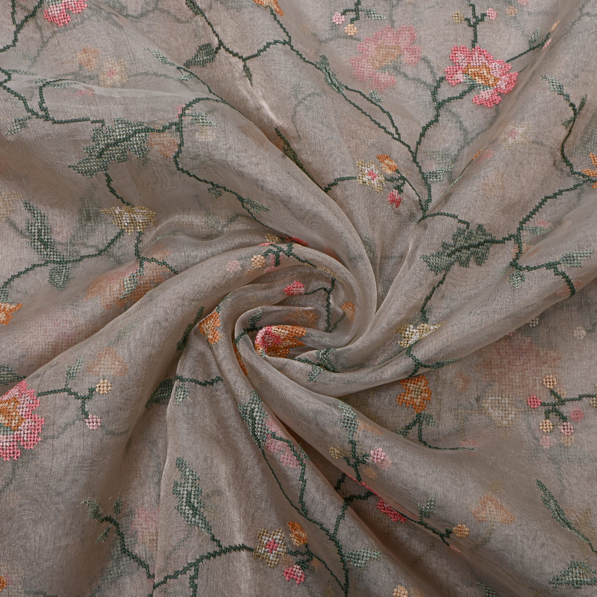 Dark Grey Floral Thread Work Tissue Fabric