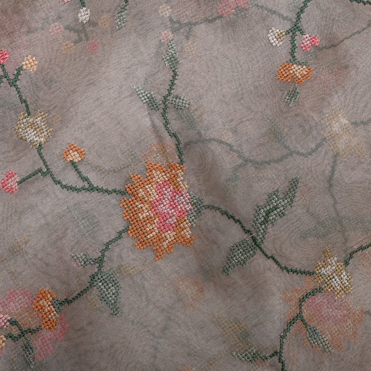 Dark Grey Floral Thread Work Tissue Fabric