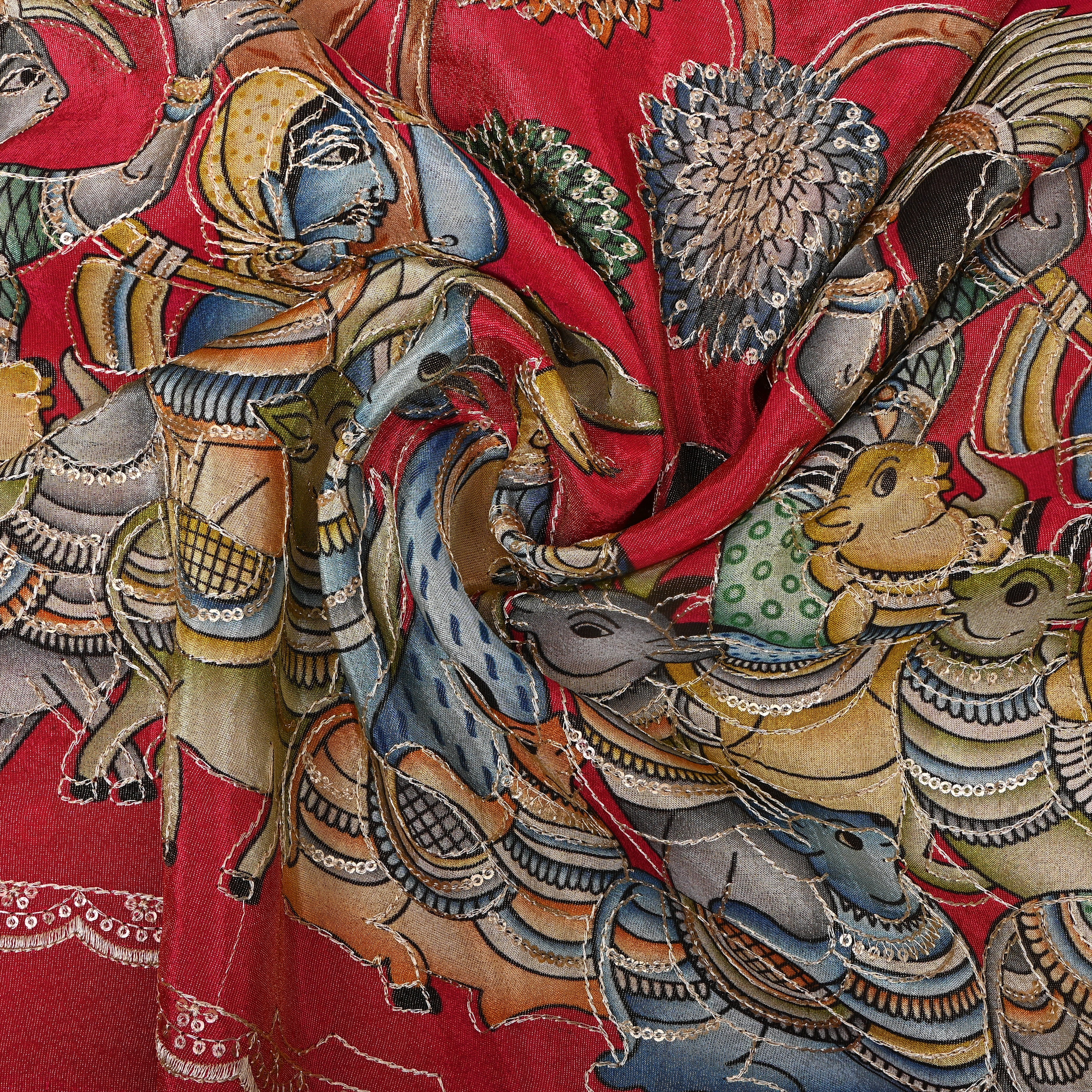 Deep Red Pastoral Pichwai Sequin Embroidery Silk Fabric