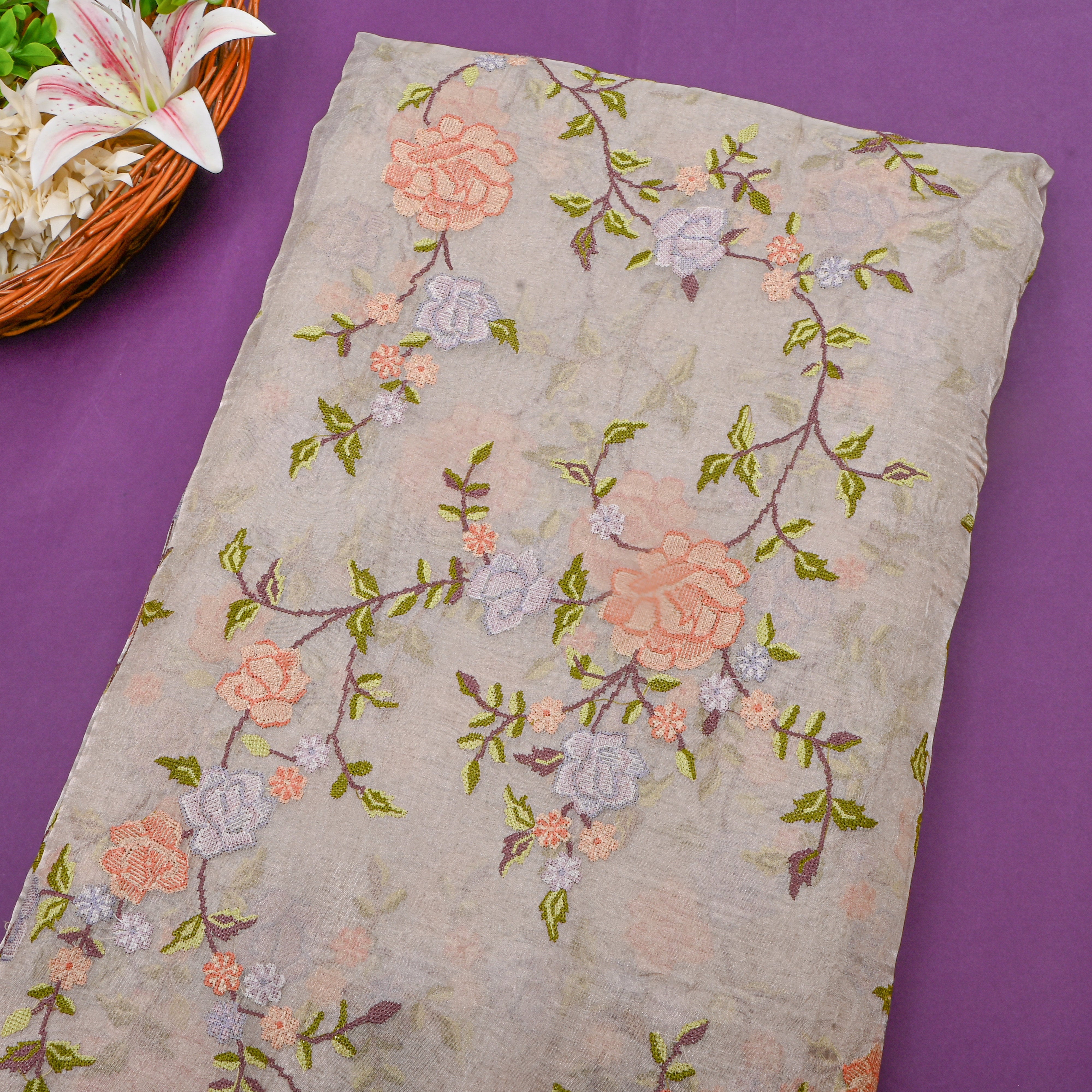 Beige Tissue Fabric With Floral Jaal Thread Work