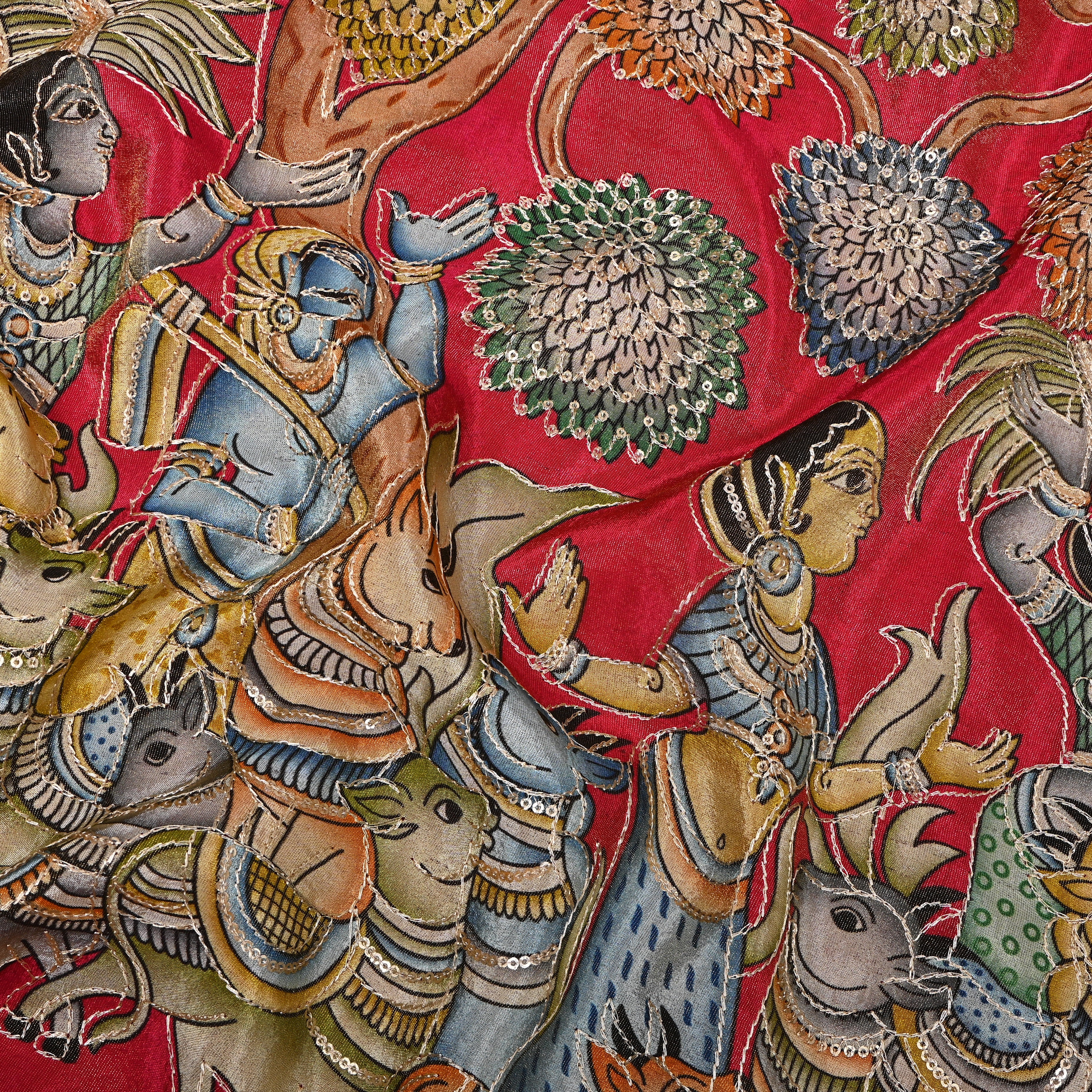 Deep Red Pastoral Pichwai Sequin Embroidery Silk Fabric