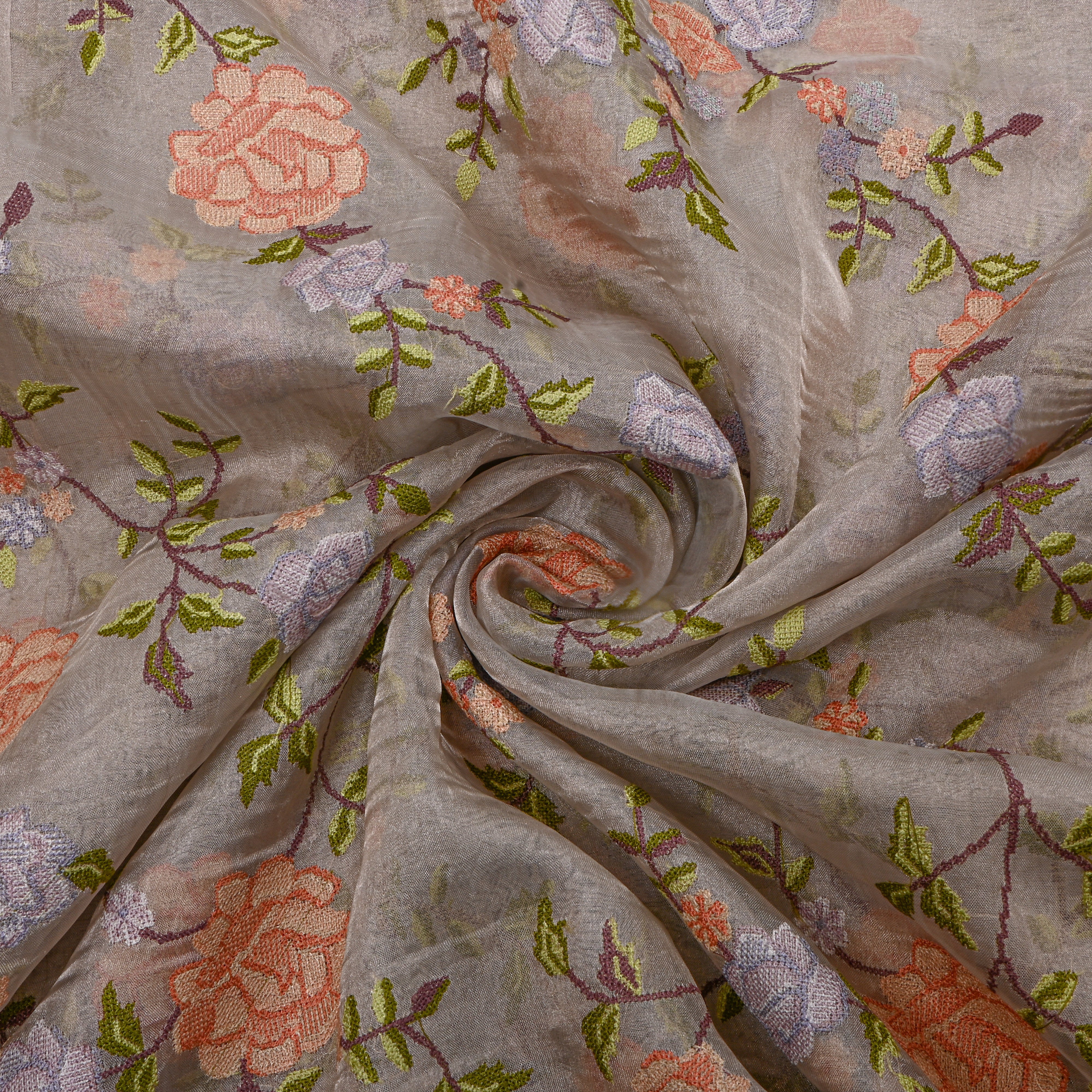 Beige Tissue Fabric With Floral Jaal Thread Work