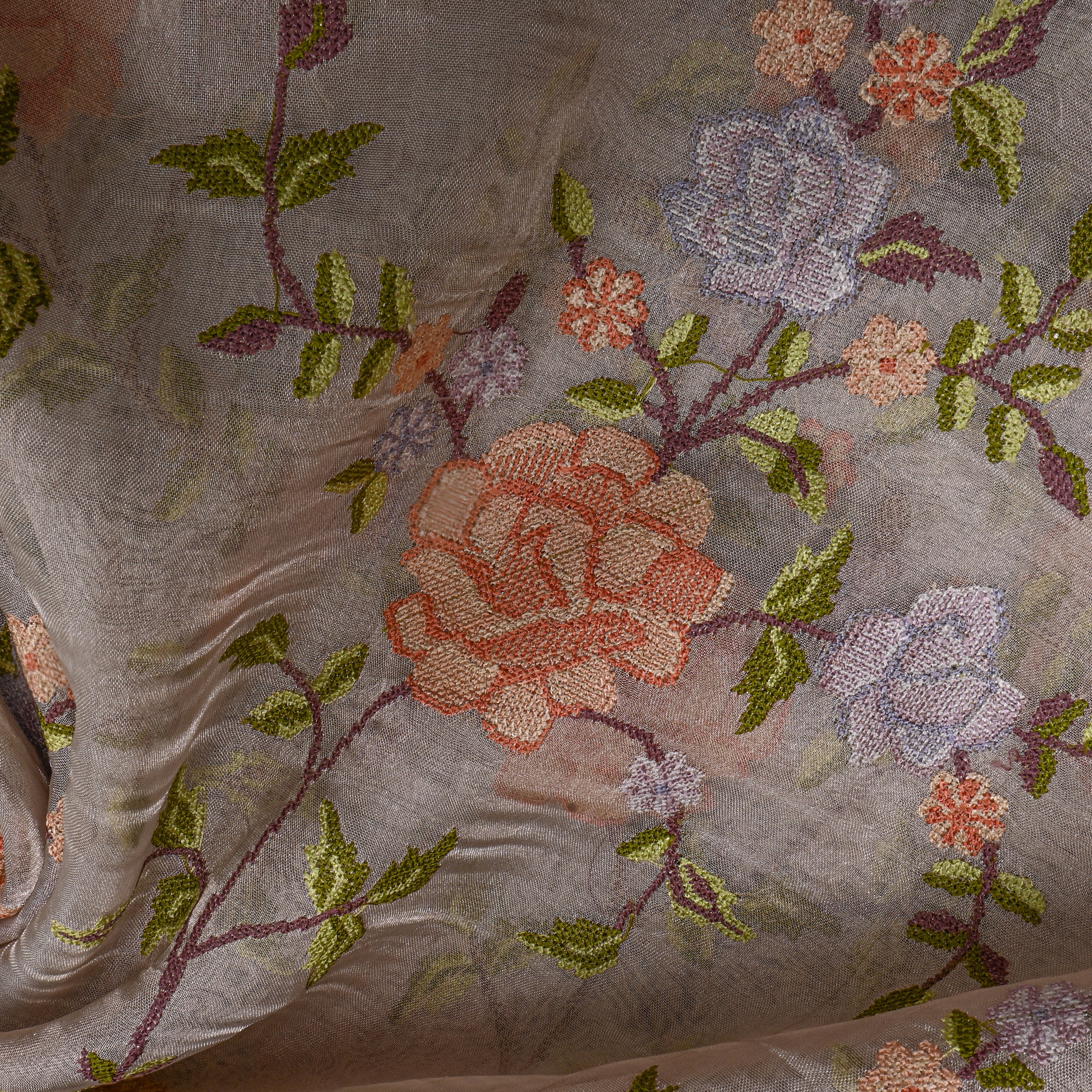 Beige Tissue Fabric With Floral Jaal Thread Work