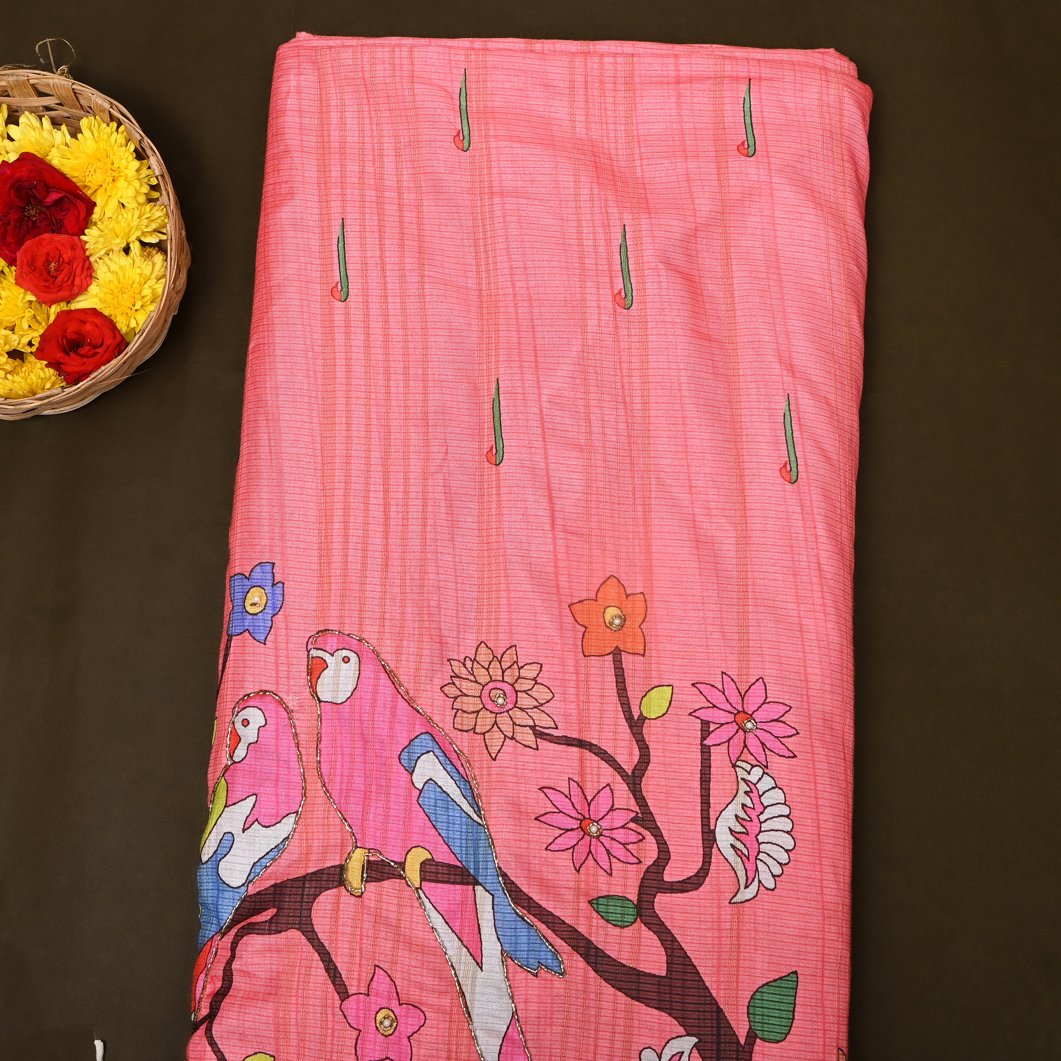 Coral Pink Parrot Kalamkari Print Kota Embroidery Fabric