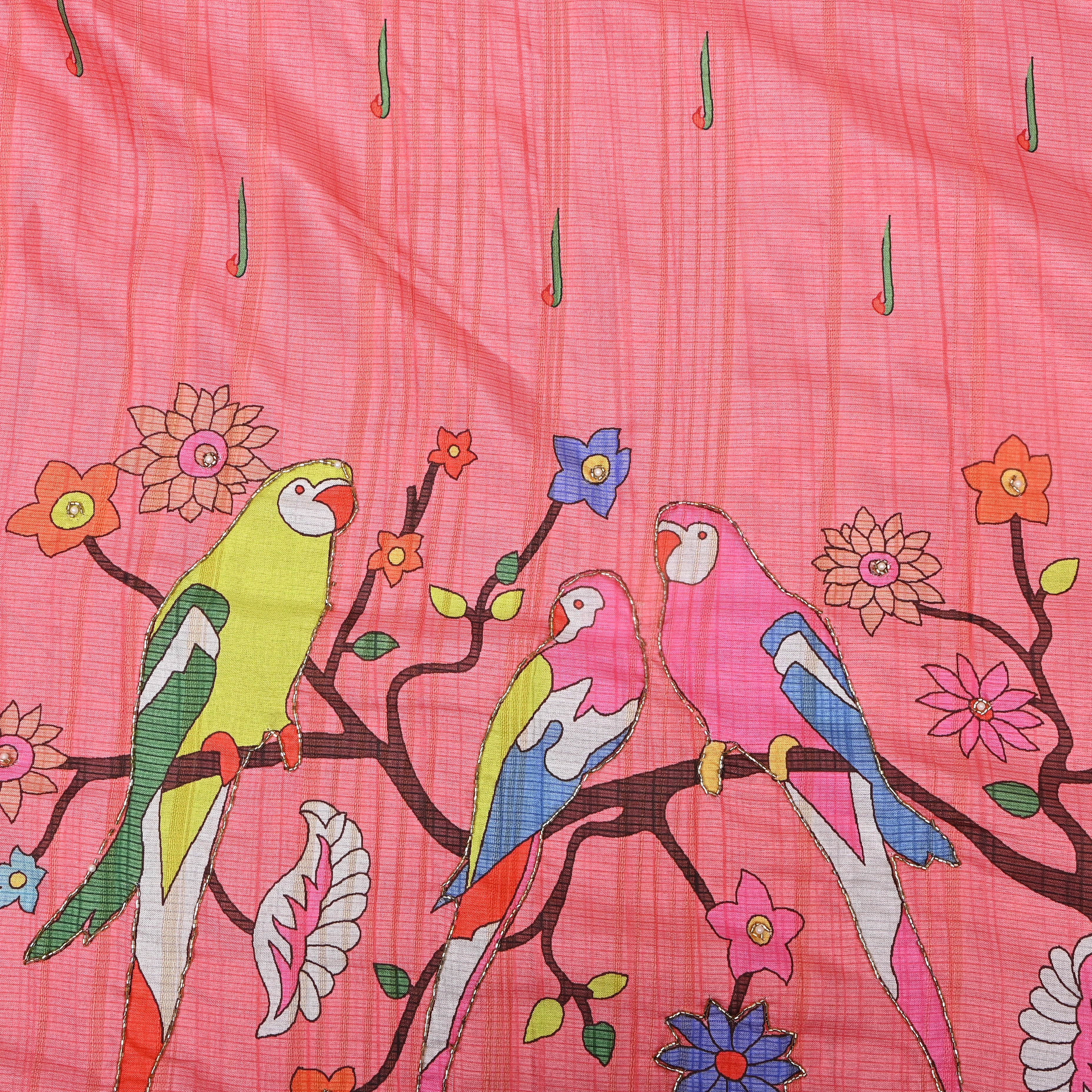 Coral Pink Parrot Kalamkari Print Kota Embroidery Fabric