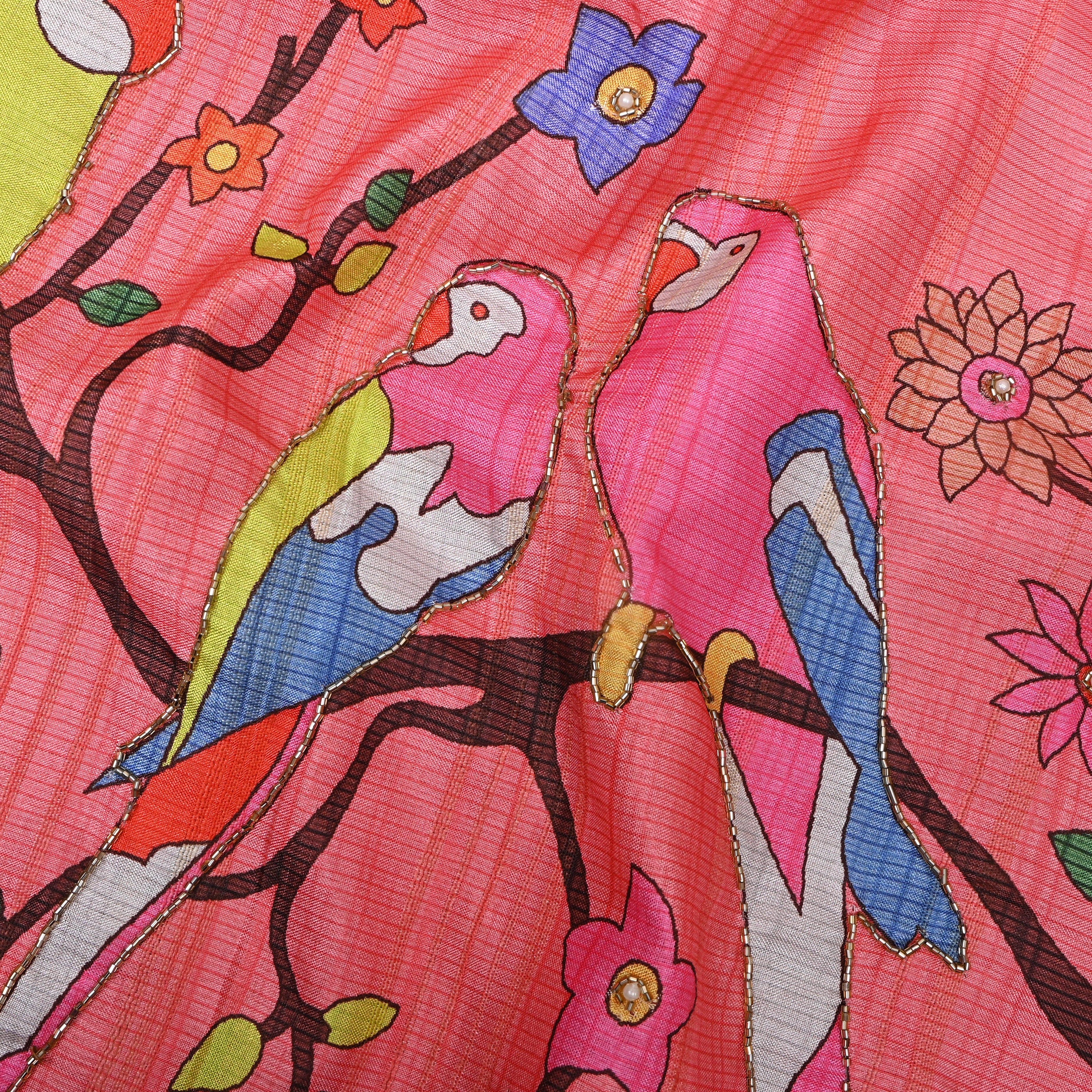 Coral Pink Parrot Kalamkari Print Kota Embroidery Fabric