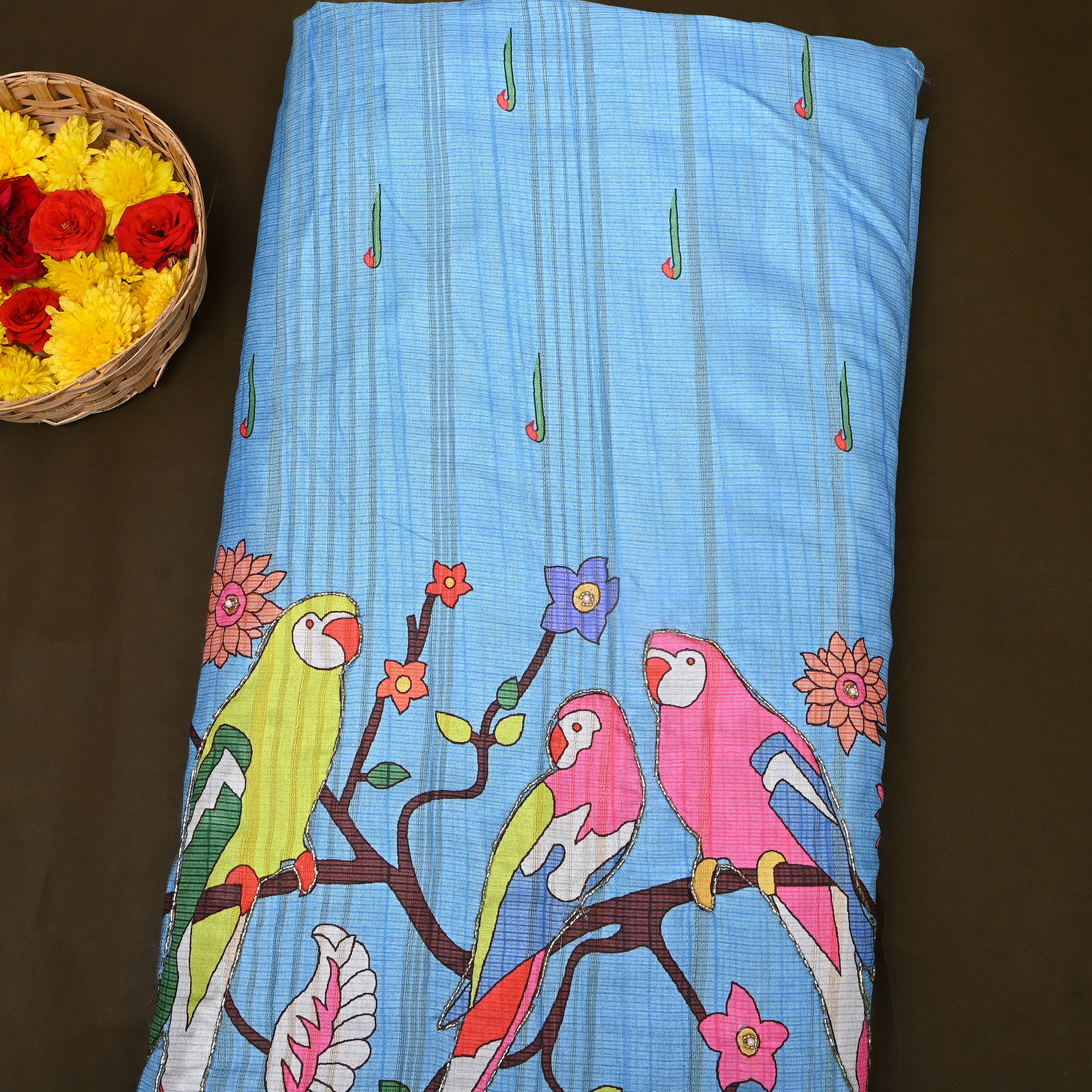 Bright Sky Blue Parrot Kalamkari Print Kota Embroidery Fabric