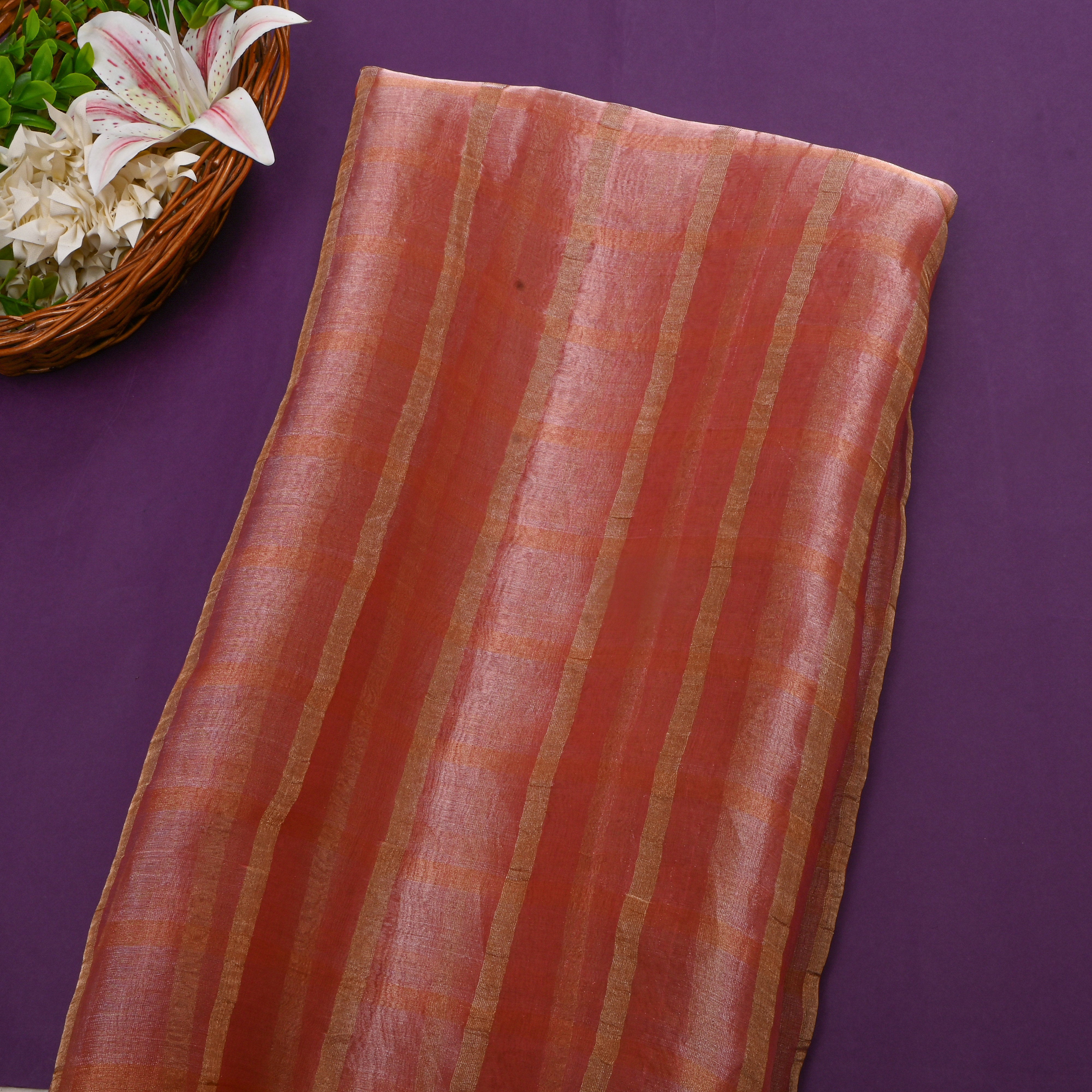 Metallic Rust Pinkish Orange Checks Embroidery Tissue Fabric
