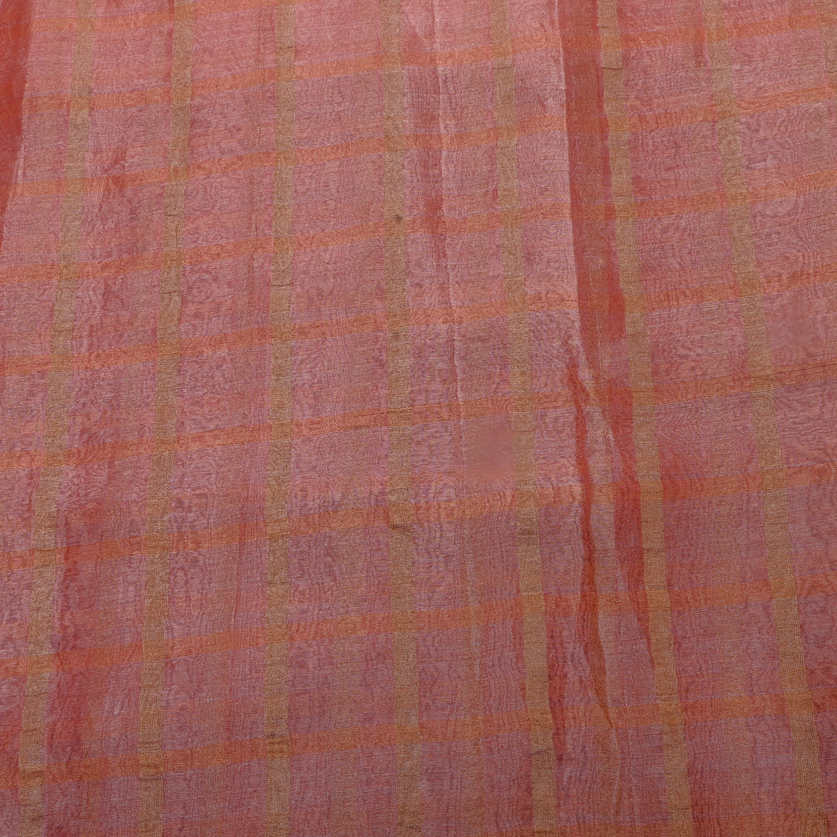 Metallic Rust Pinkish Orange Checks Embroidery Tissue Fabric