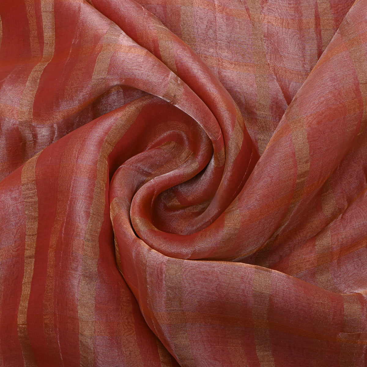 Metallic Rust Pinkish Orange Checks Embroidery Tissue Fabric
