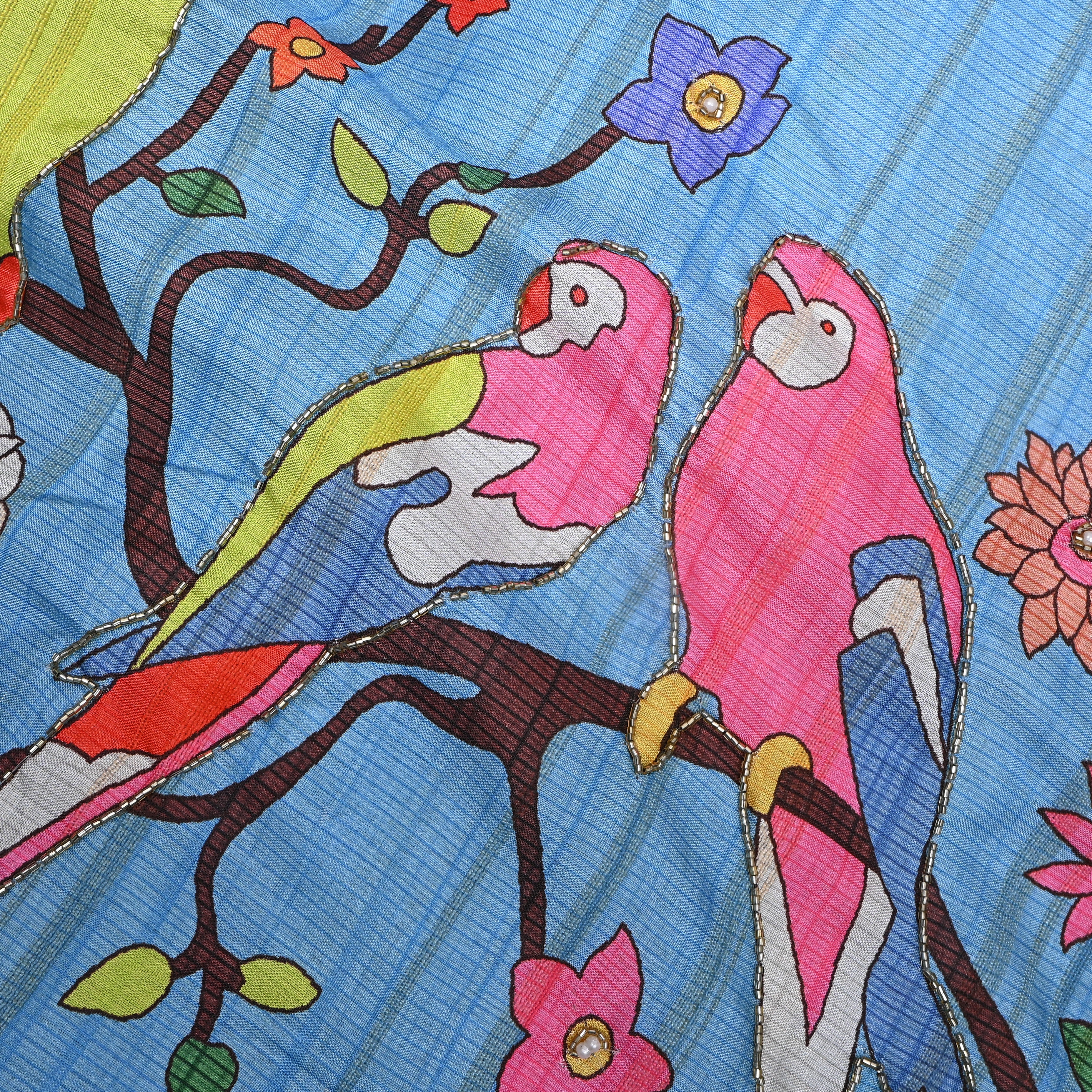 Bright Sky Blue Parrot Kalamkari Print Kota Embroidery Fabric