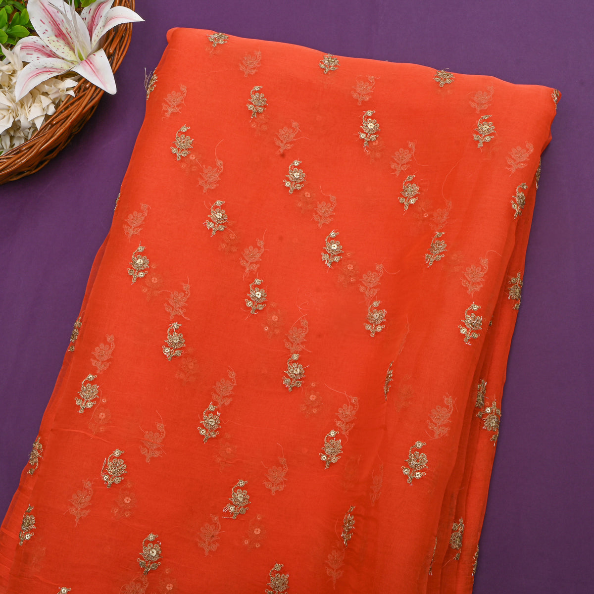 Orange Gold Sequin Floral Butti Organza Fabric
