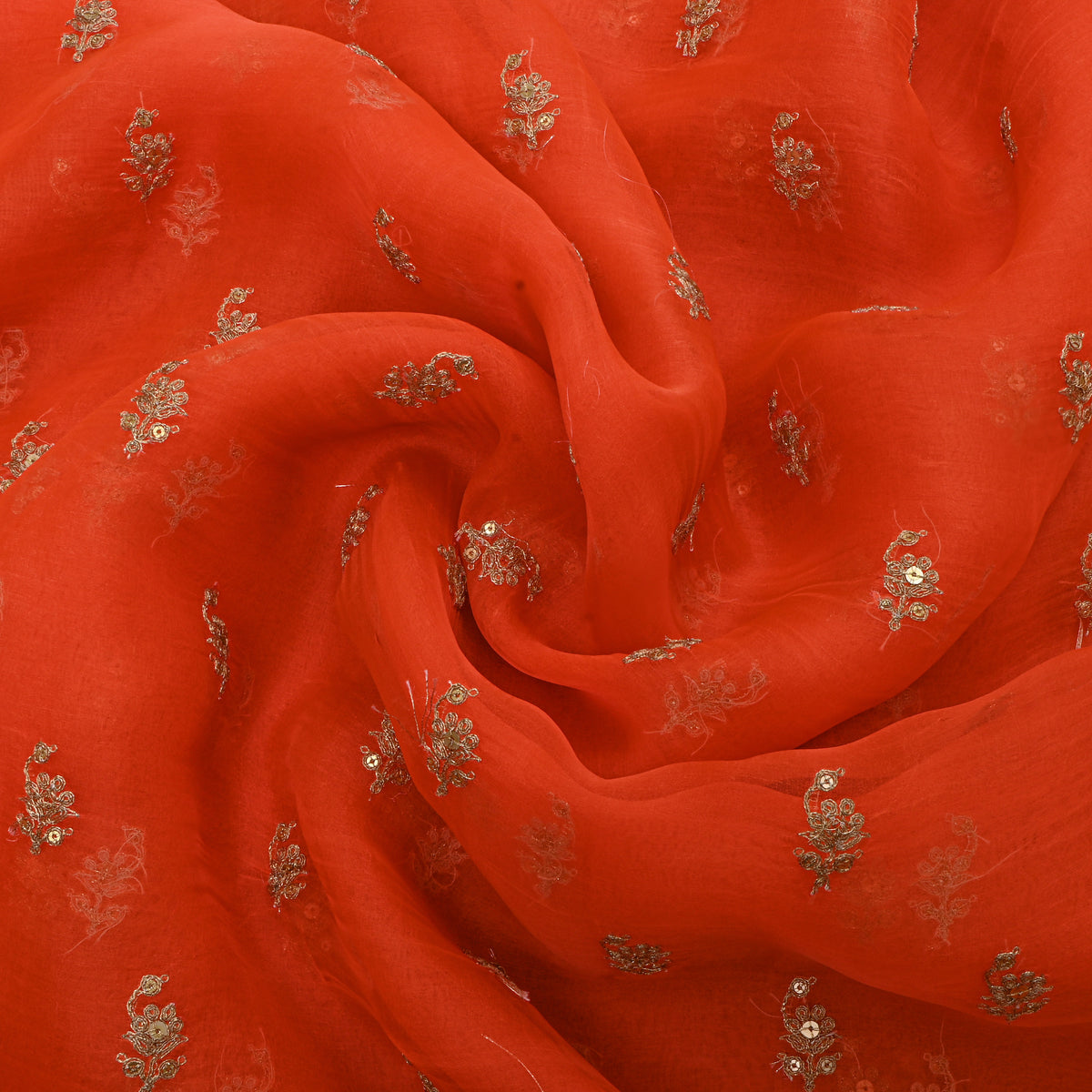 Orange Gold Sequin Floral Butti Organza Fabric