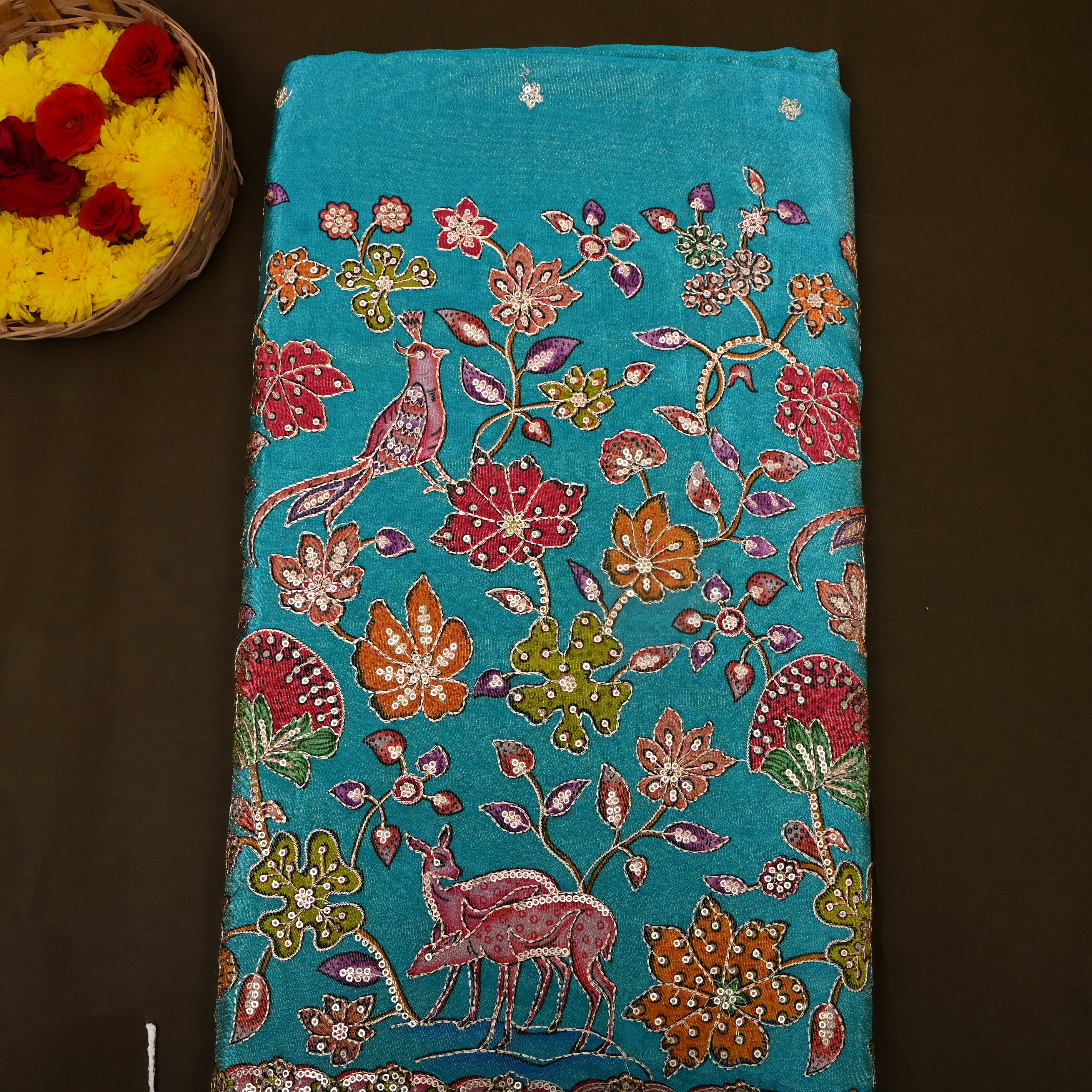 Teal Multicolour Pomegranate Floral Sequin Deer Tissue Fabric