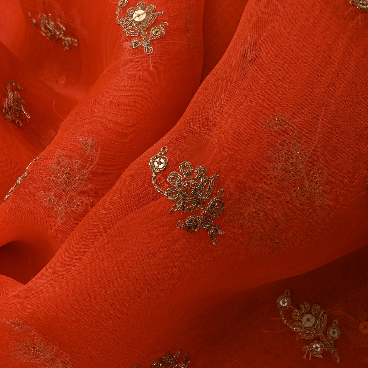 Orange Gold Sequin Floral Butti Organza Fabric