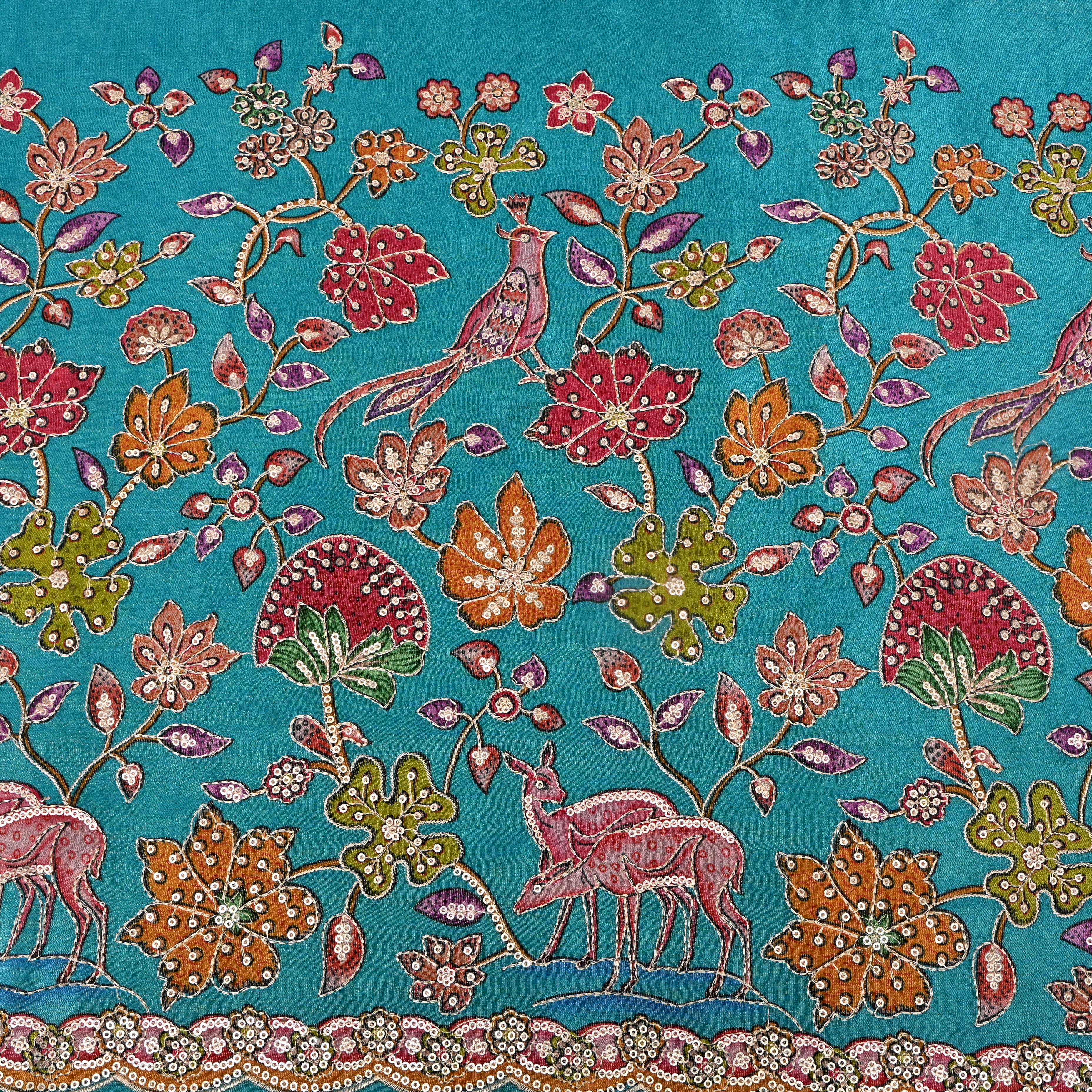 Teal Multicolour Pomegranate Floral Sequin Deer Tissue Fabric