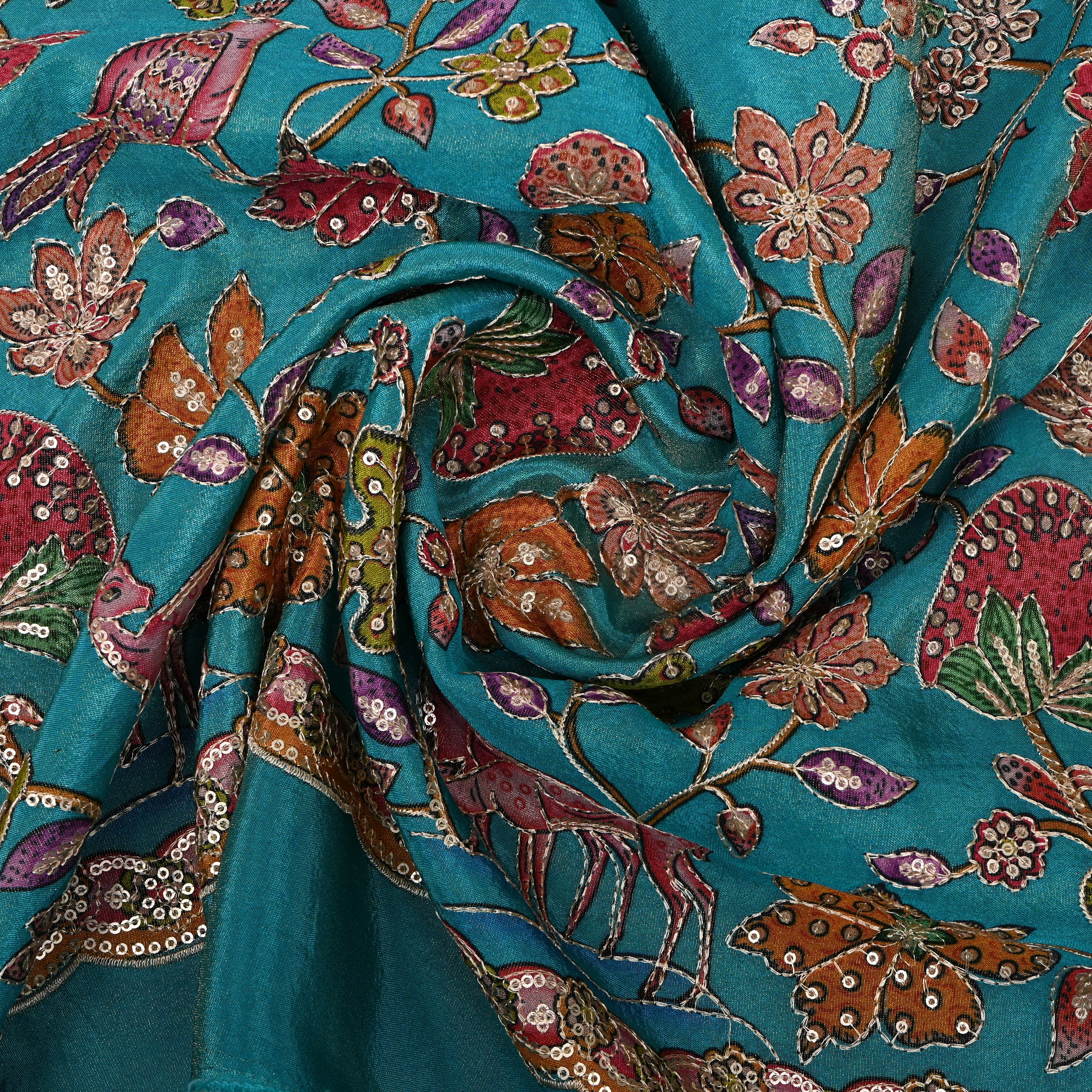 Teal Multicolour Pomegranate Floral Sequin Deer Tissue Fabric