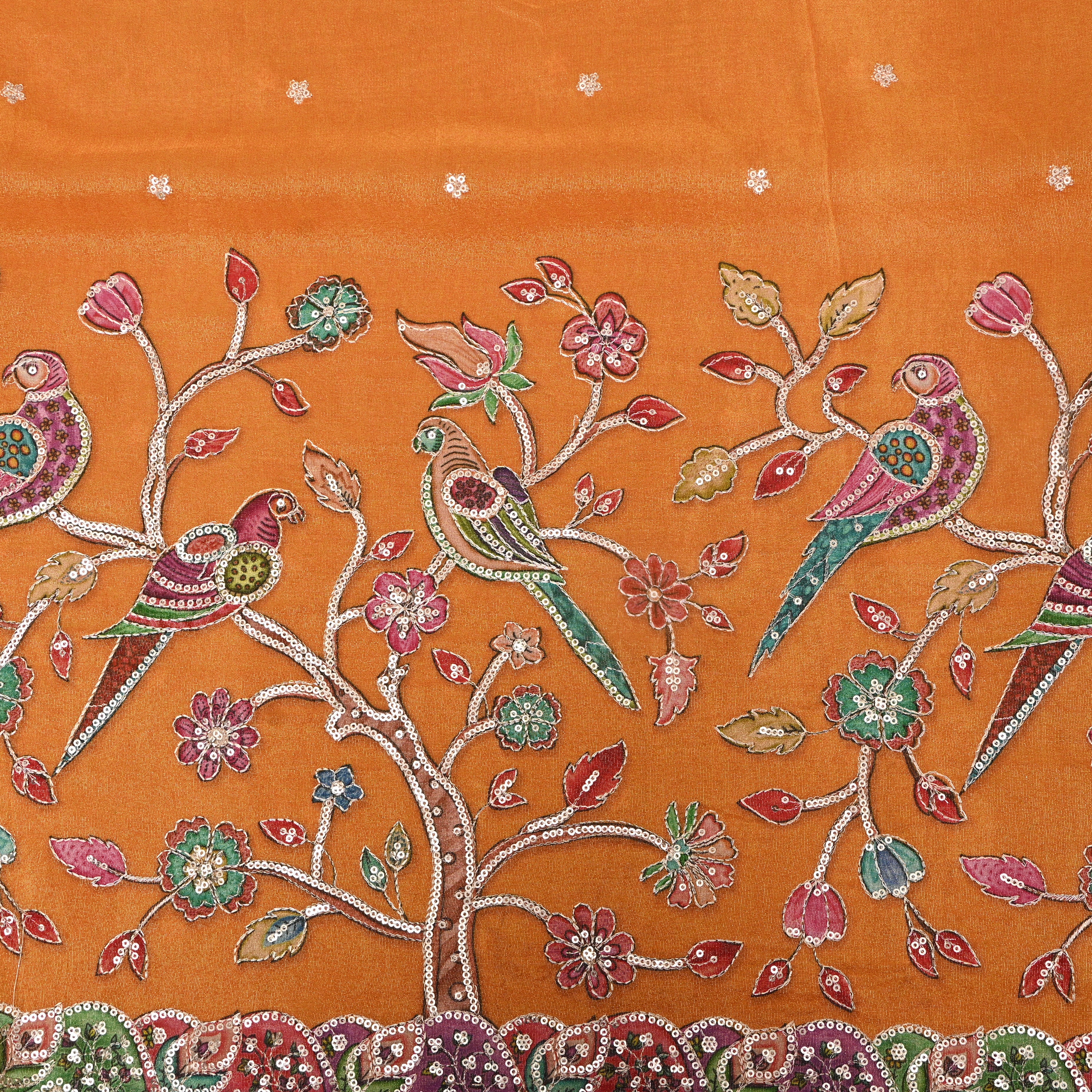 Rust Orange Bird Floral Sequin Embroidery Tissue Fabric