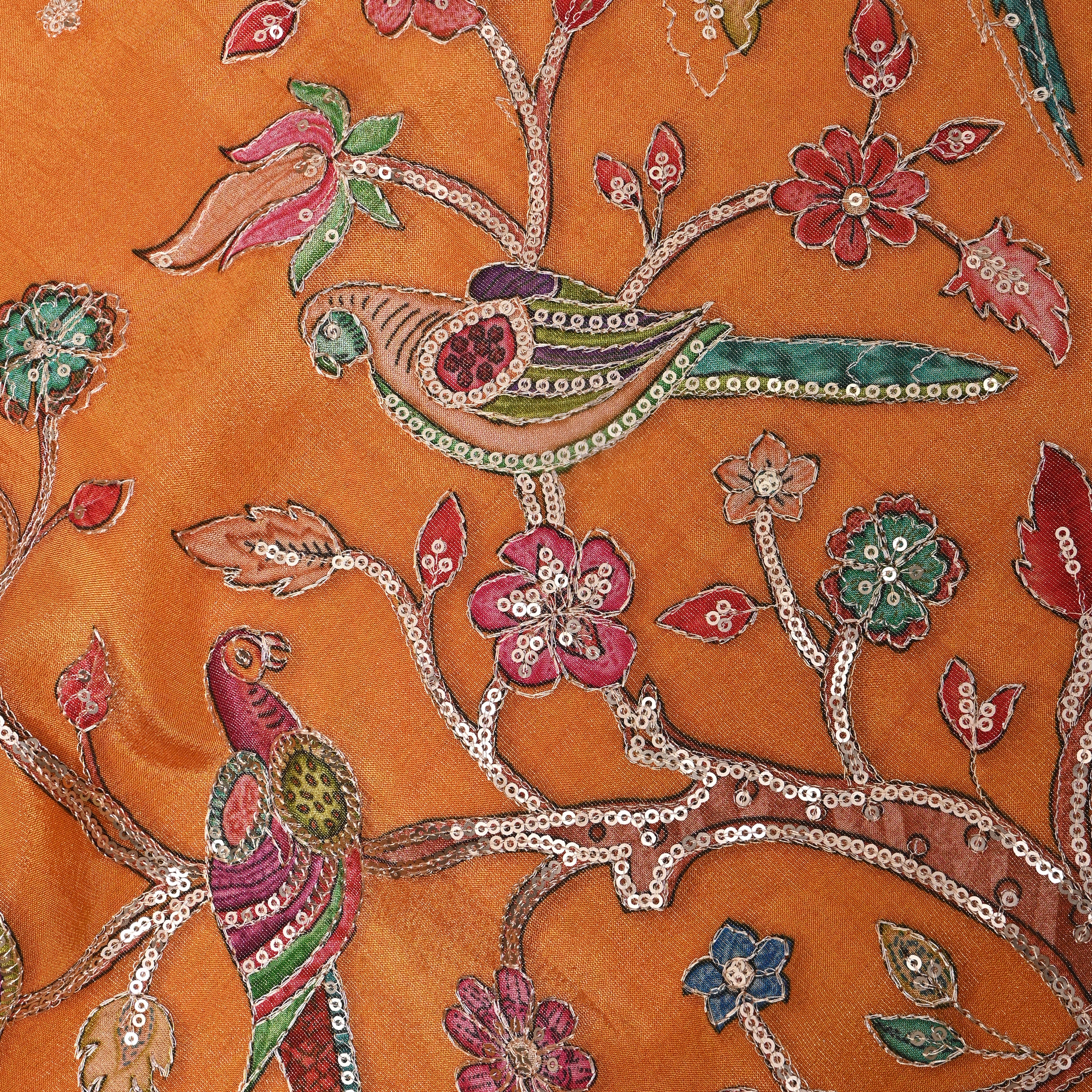 Rust Orange Bird Floral Sequin Embroidery Tissue Fabric