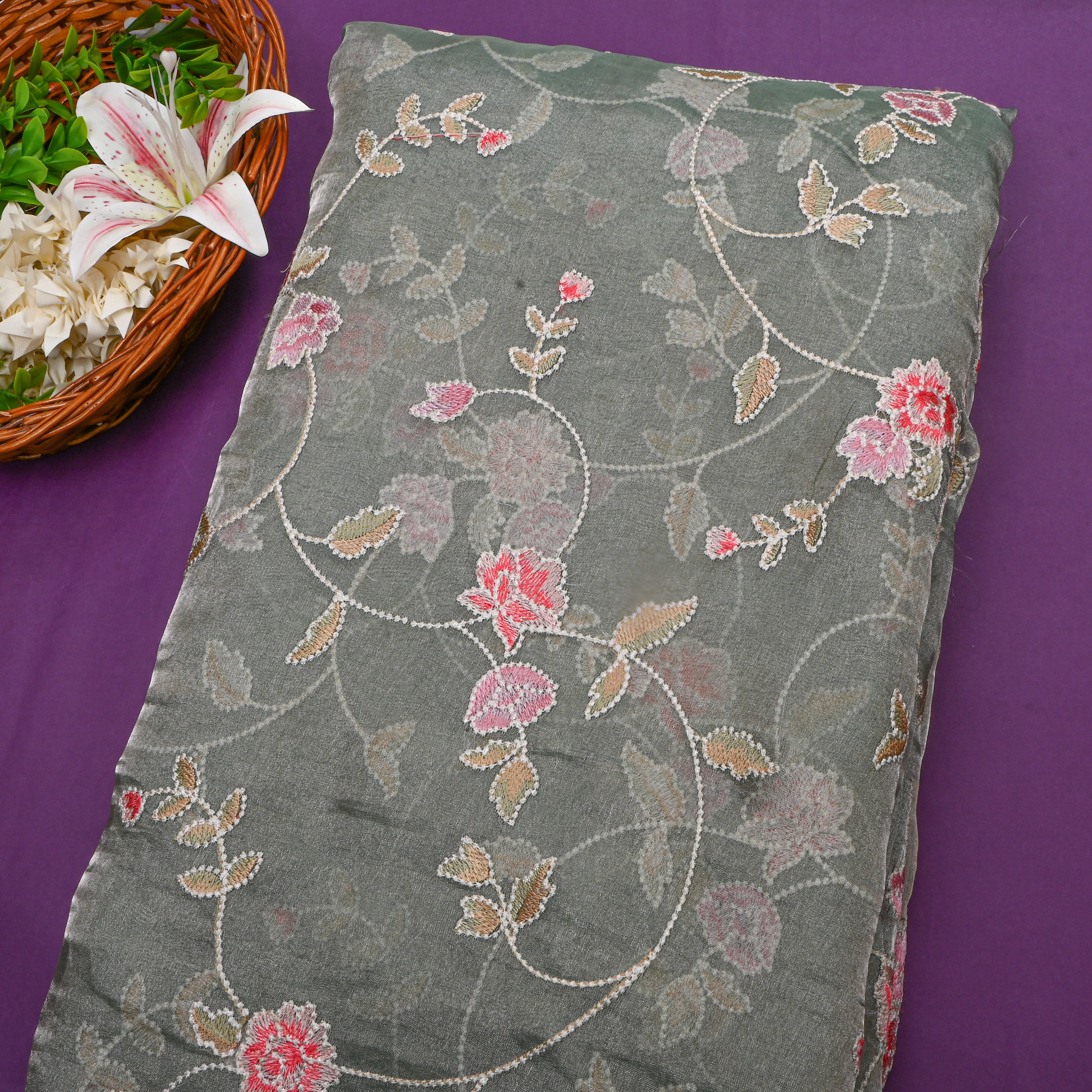 Bright Green Tissue Fabric With Floral Jaal Thread Work