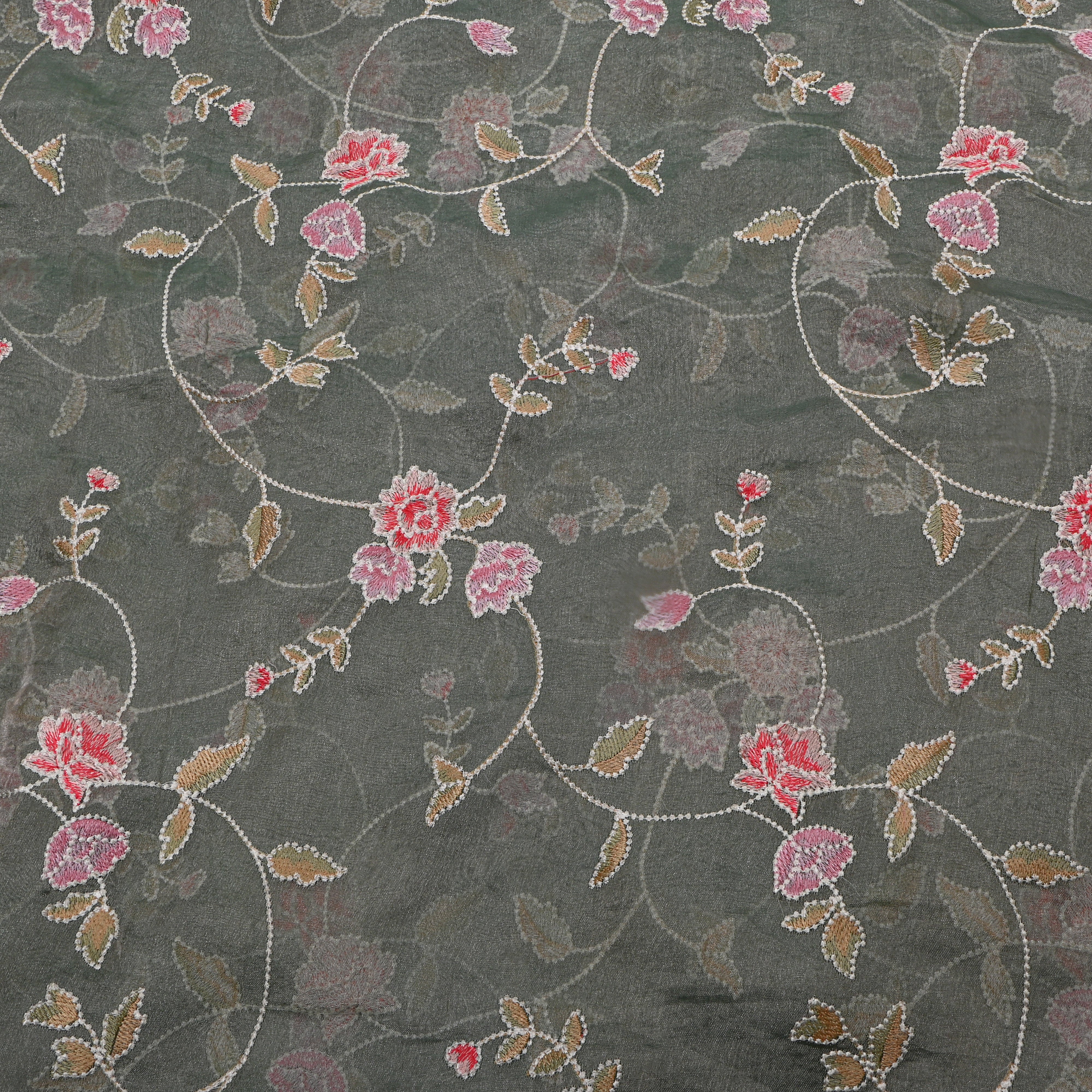 Bright Green Tissue Fabric With Floral Jaal Thread Work