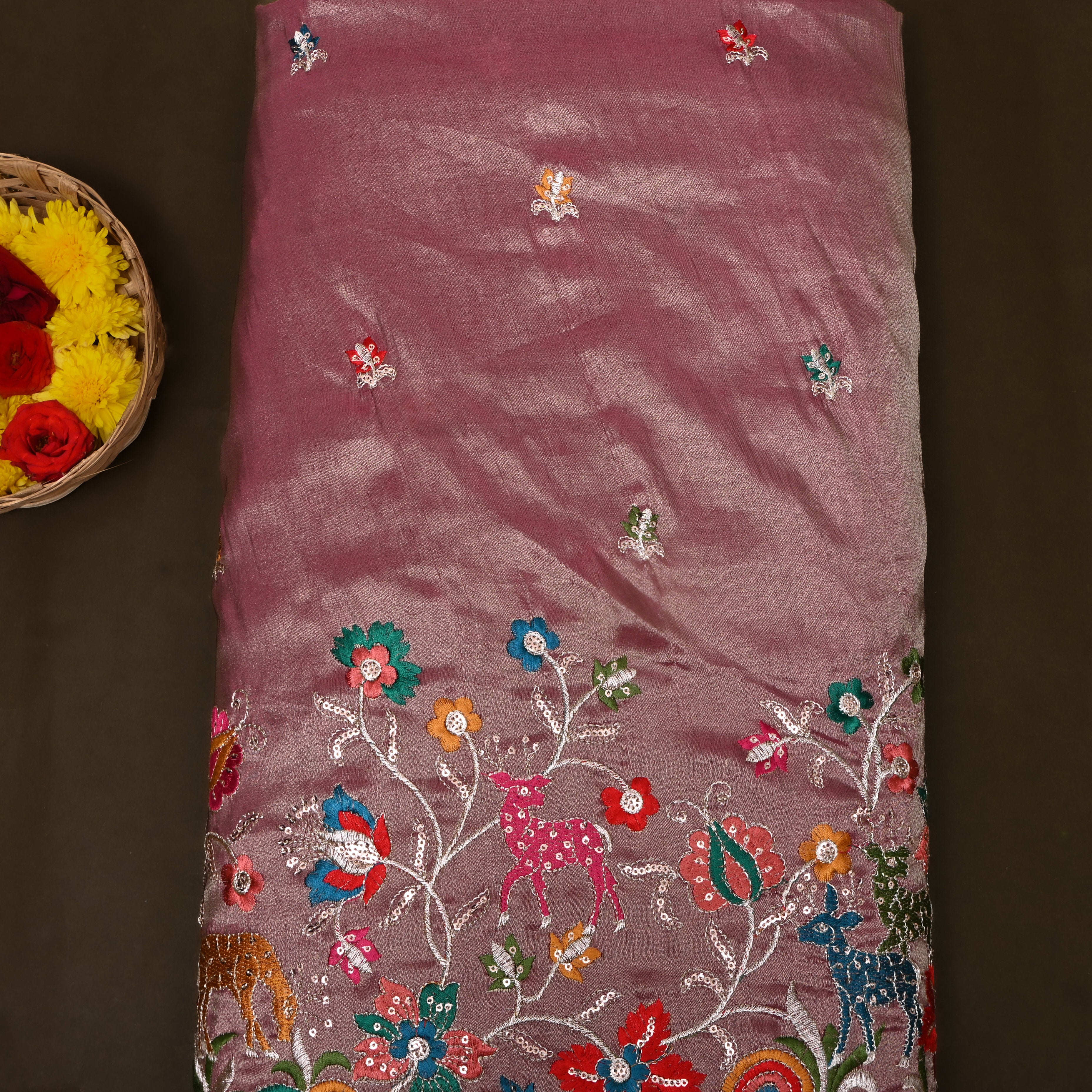 Magenta Deer Floral Sequin Embroidery Tissue Fabric