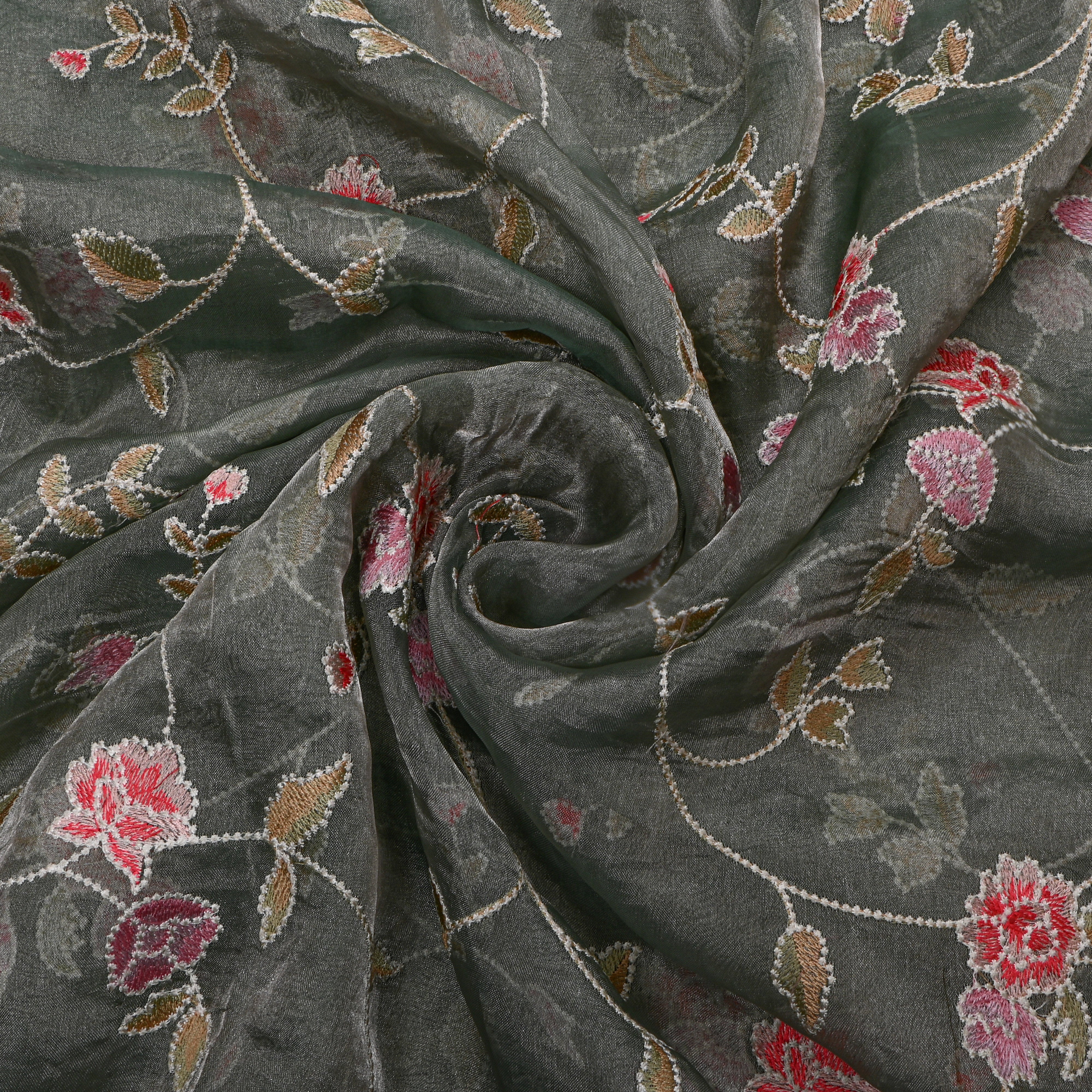Bright Green Tissue Fabric With Floral Jaal Thread Work
