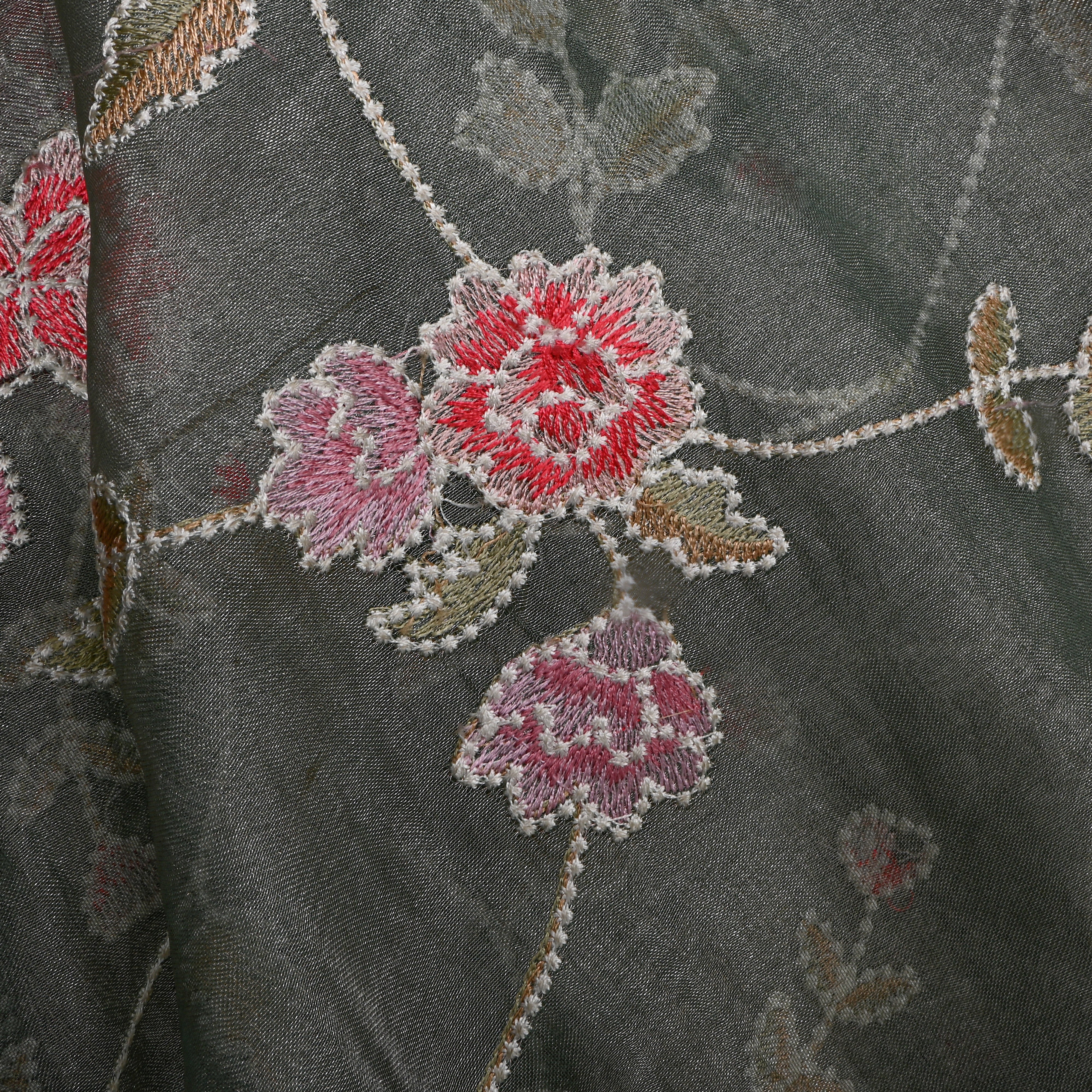 Bright Green Tissue Fabric With Floral Jaal Thread Work
