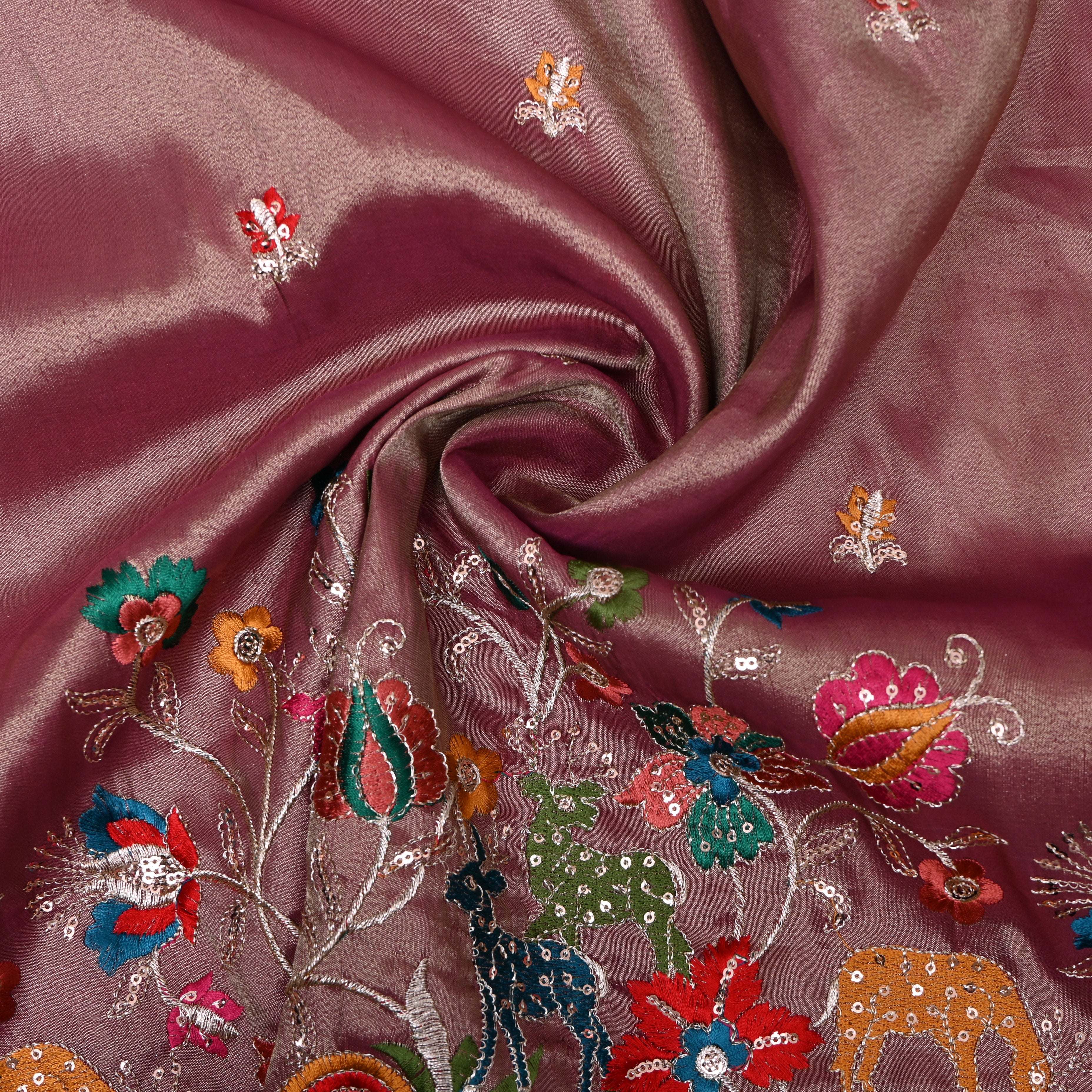 Magenta Deer Floral Sequin Embroidery Tissue Fabric