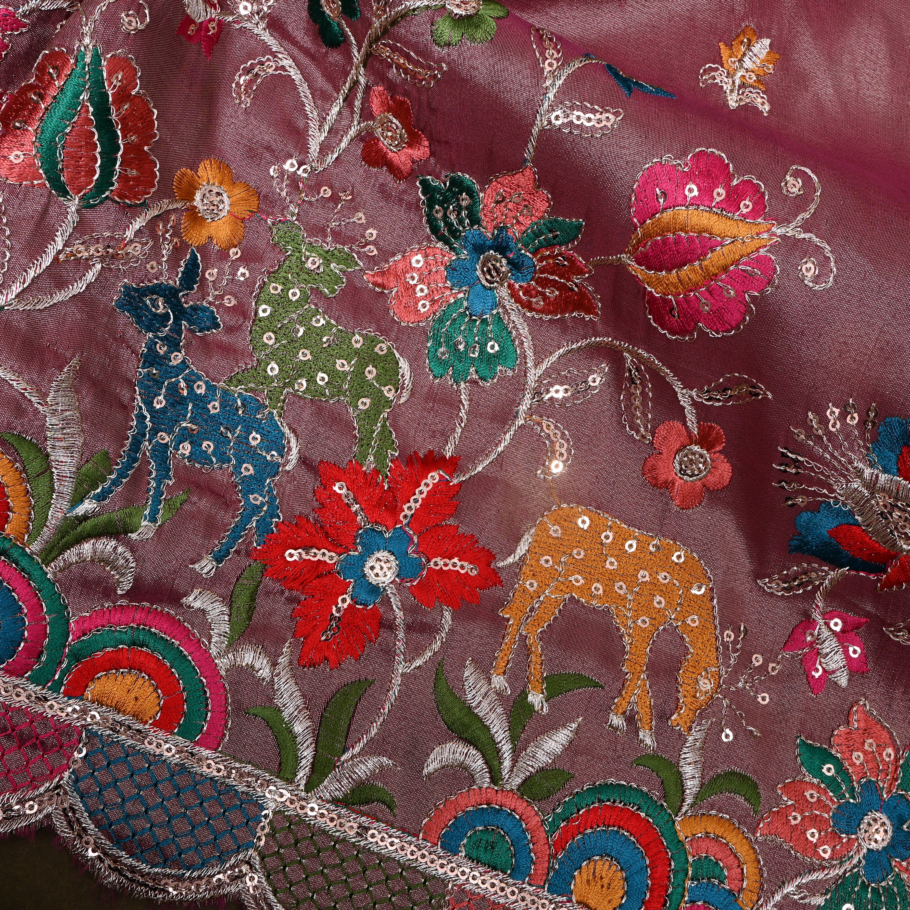 Magenta Deer Floral Sequin Embroidery Tissue Fabric