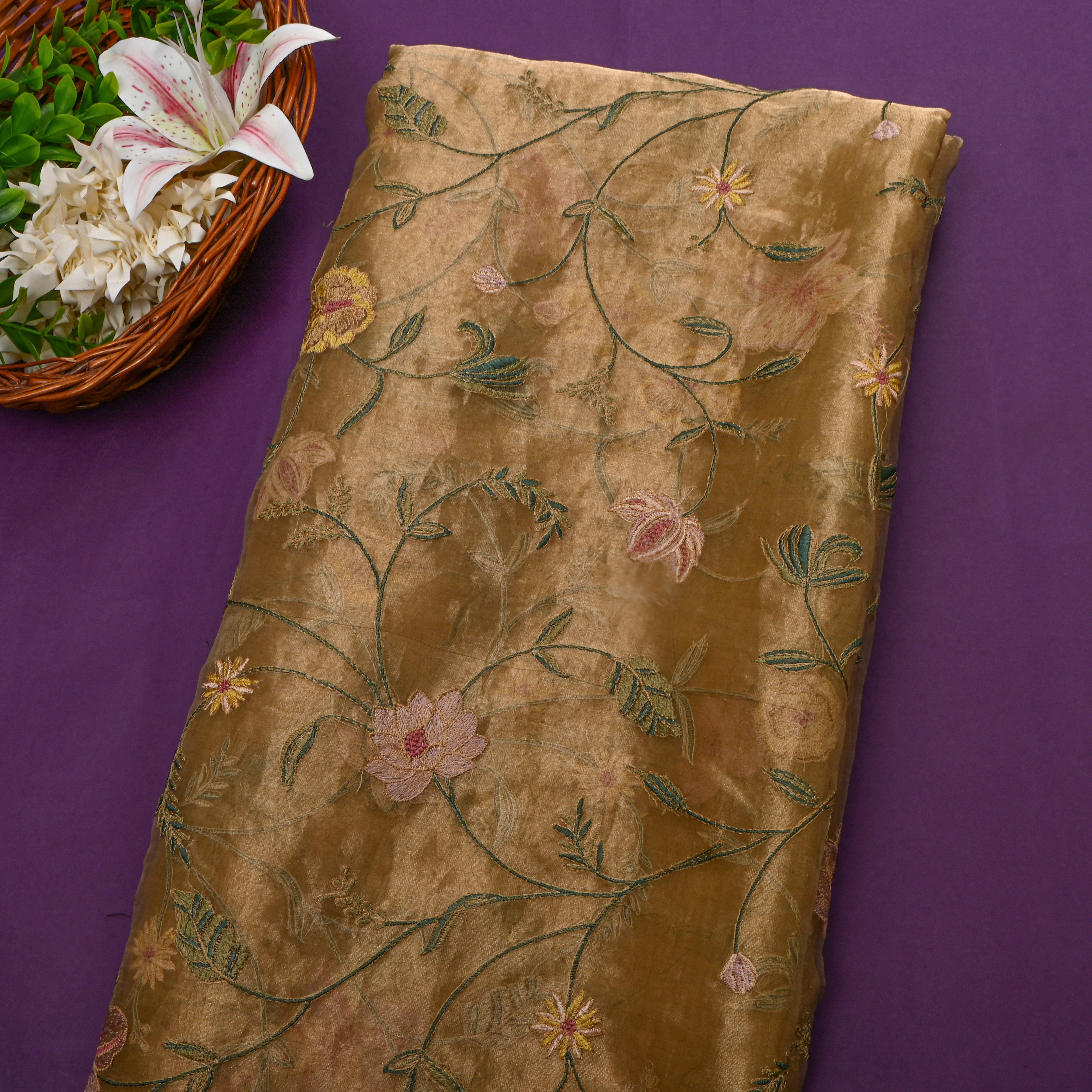 Gold Metallic Thread Jaal Embroidered Tissue