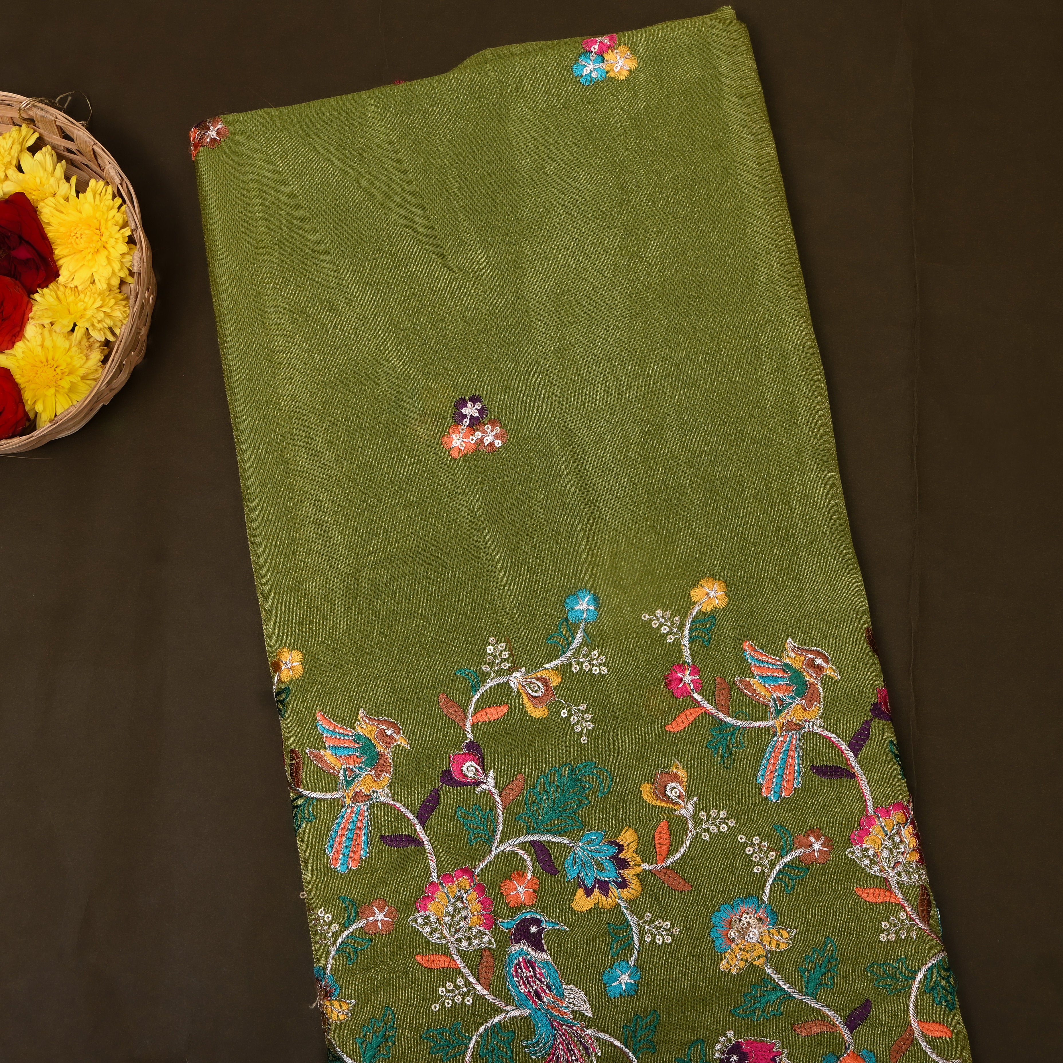 Olive Green Multicolour Bird Embroidery Tissue Fabric