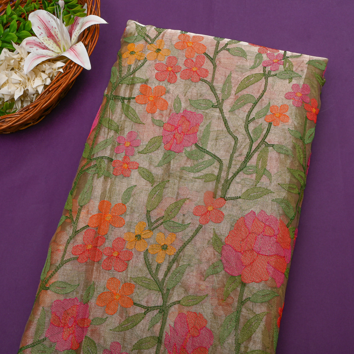 Multicolour Meenakari Floral Embroidered Tussar Fabric