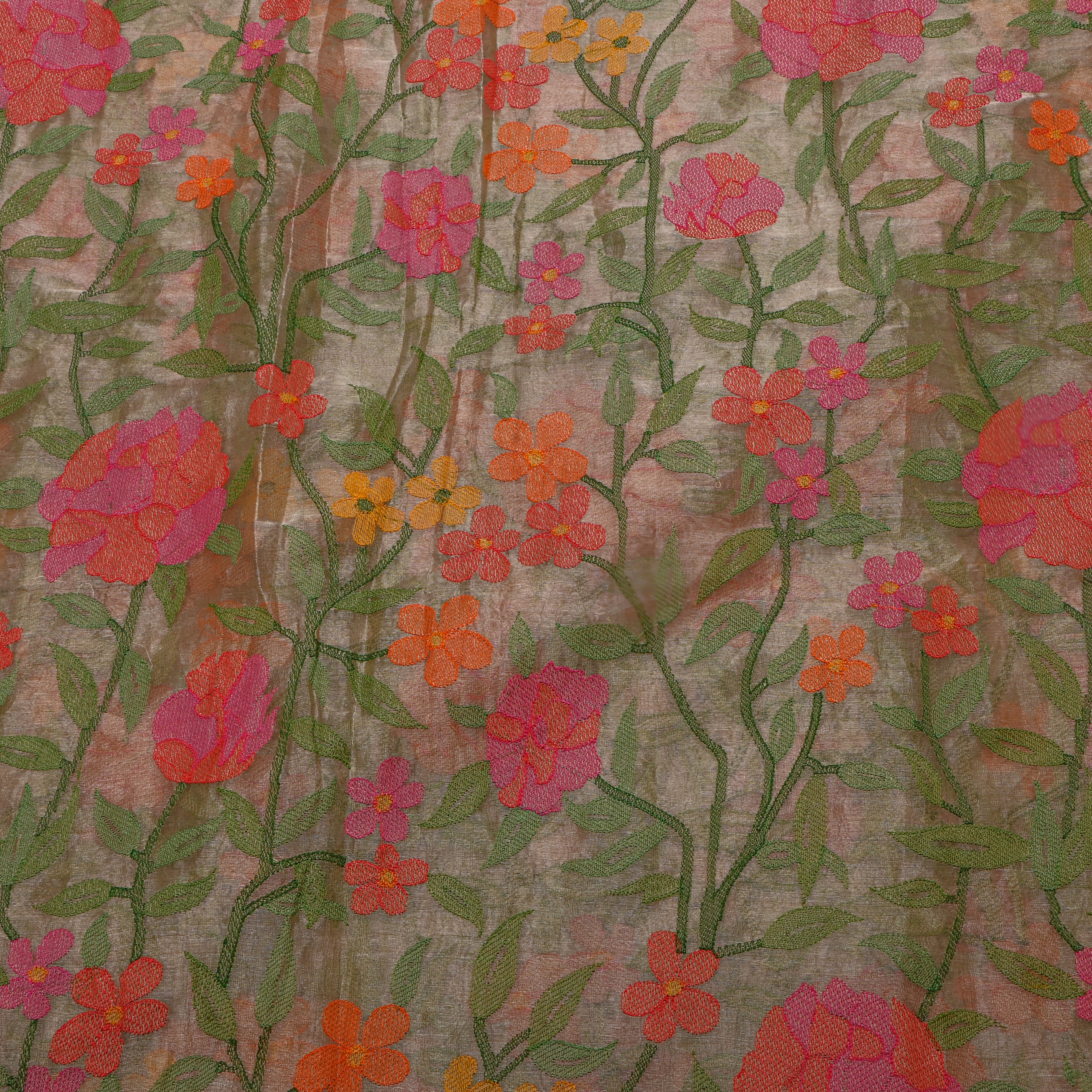 Multicolour Meenakari Floral Embroidered Tussar Fabric