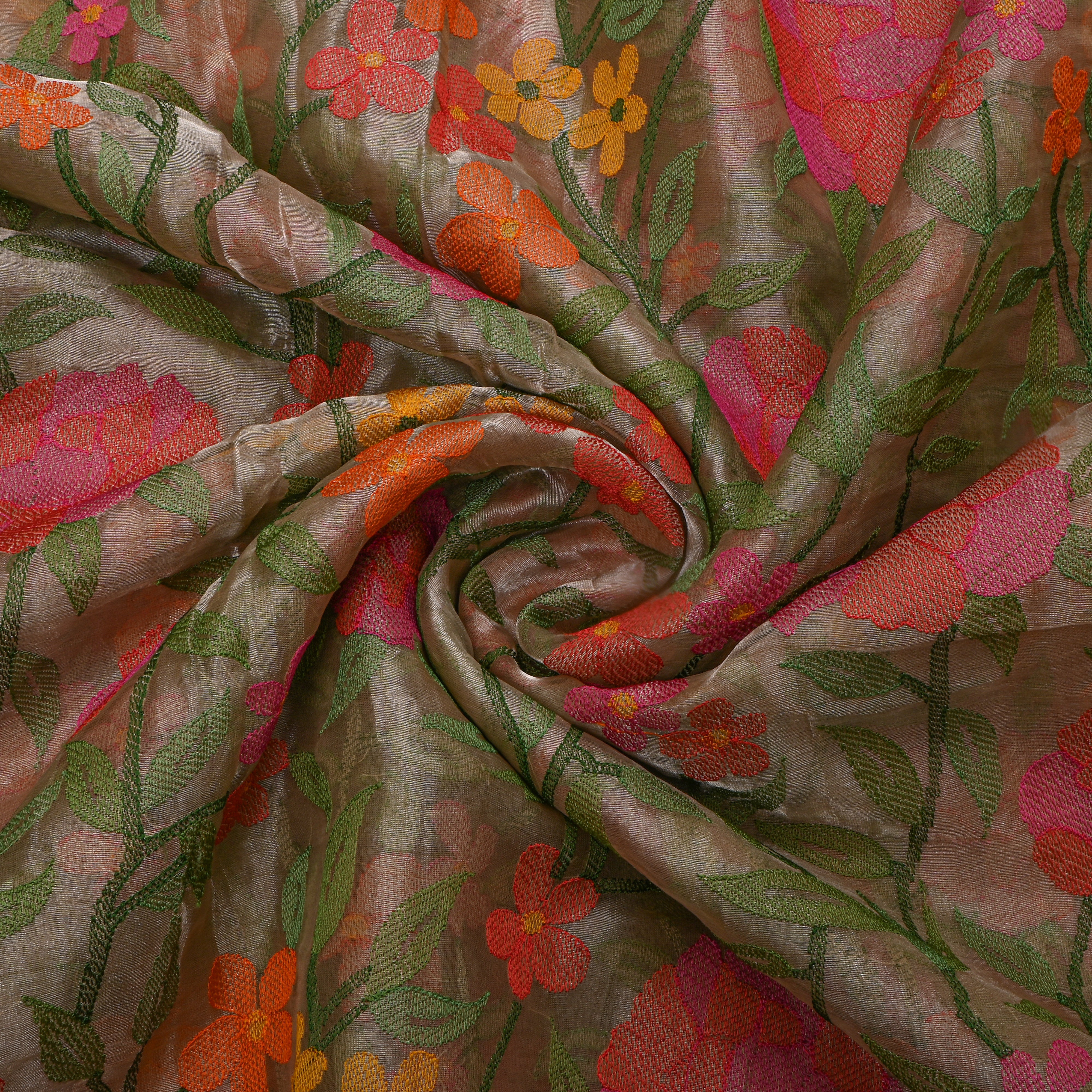 Multicolour Meenakari Floral Embroidered Tussar Fabric
