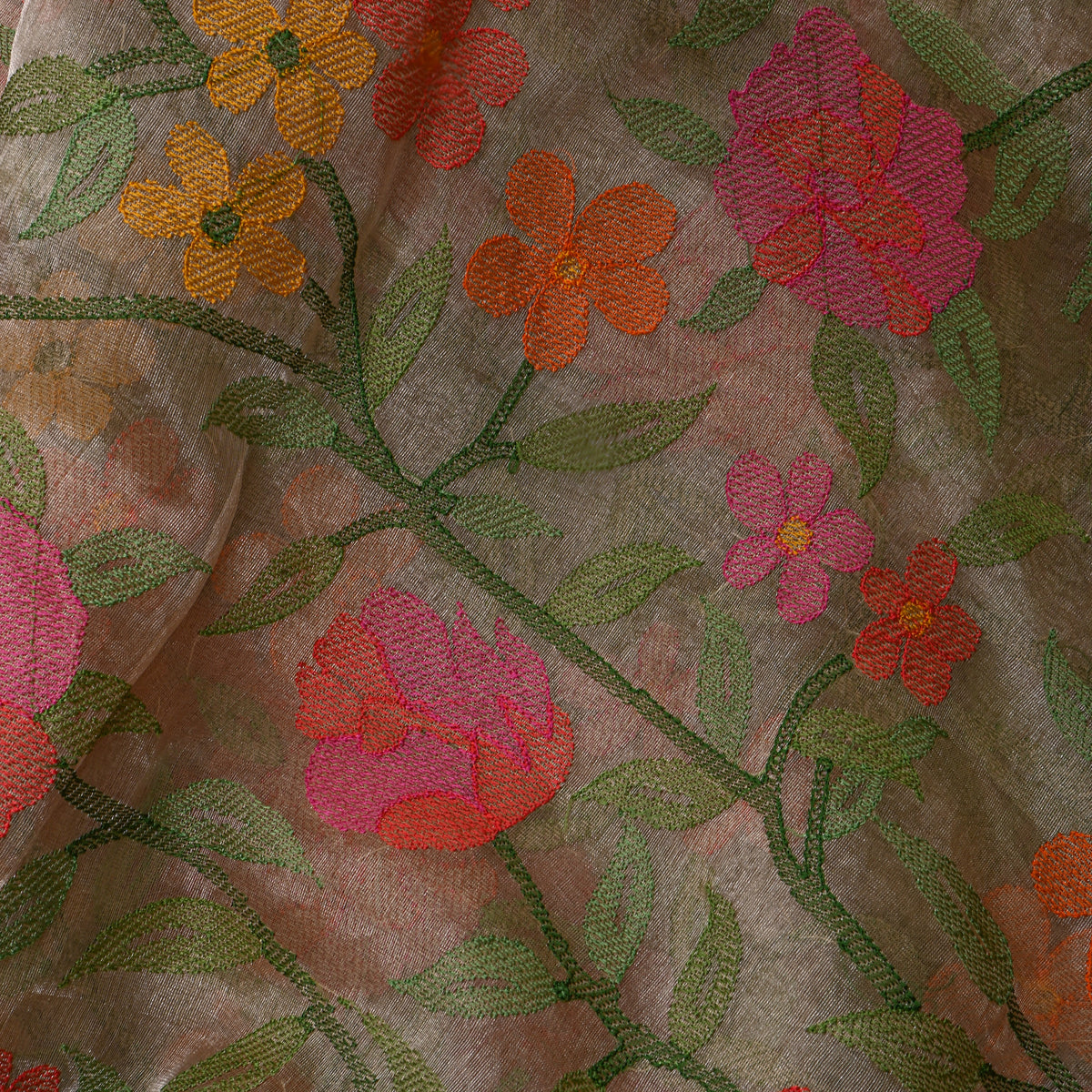 Multicolour Meenakari Floral Embroidered Tussar Fabric