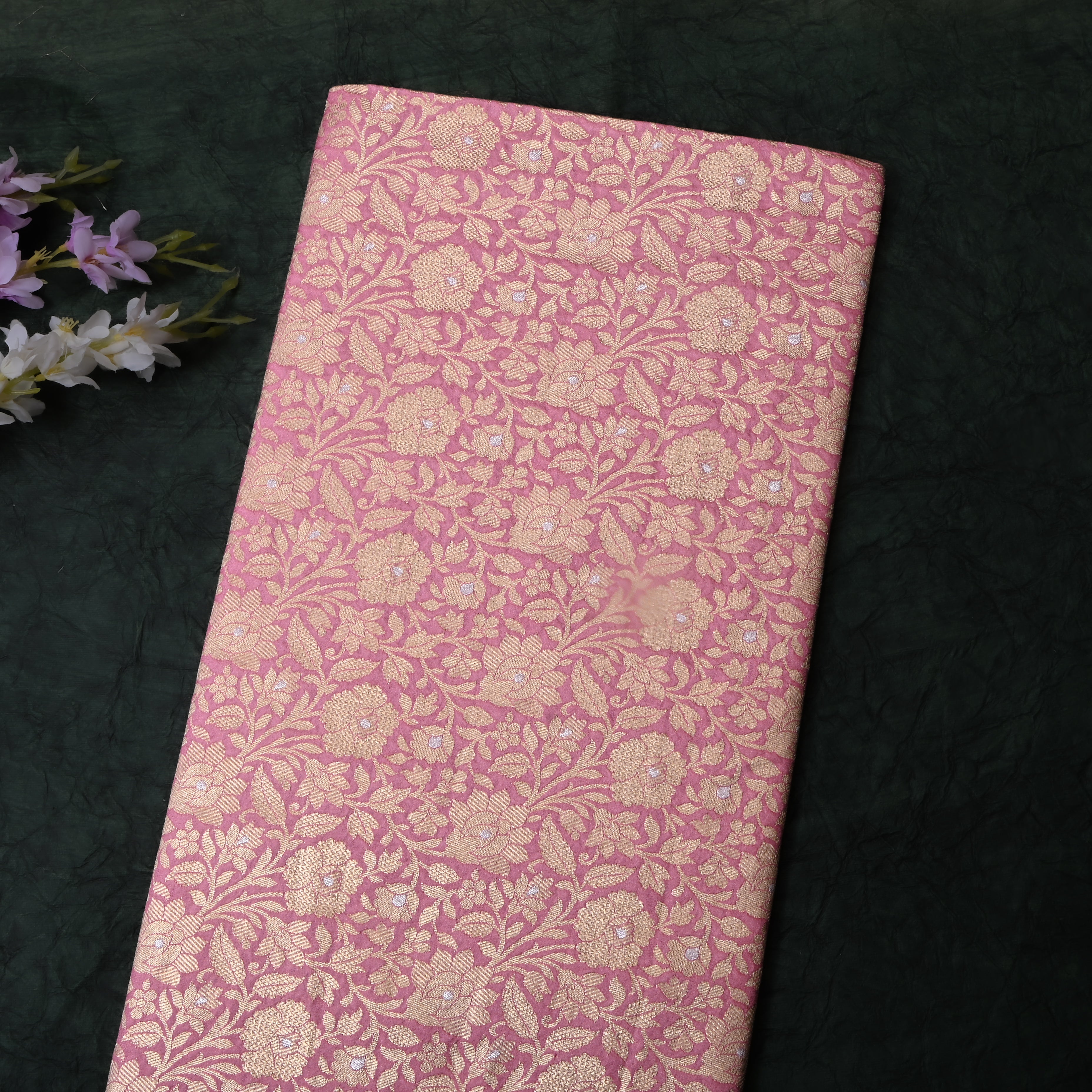 Muted Pink Floral Jamawar Silk Fabric