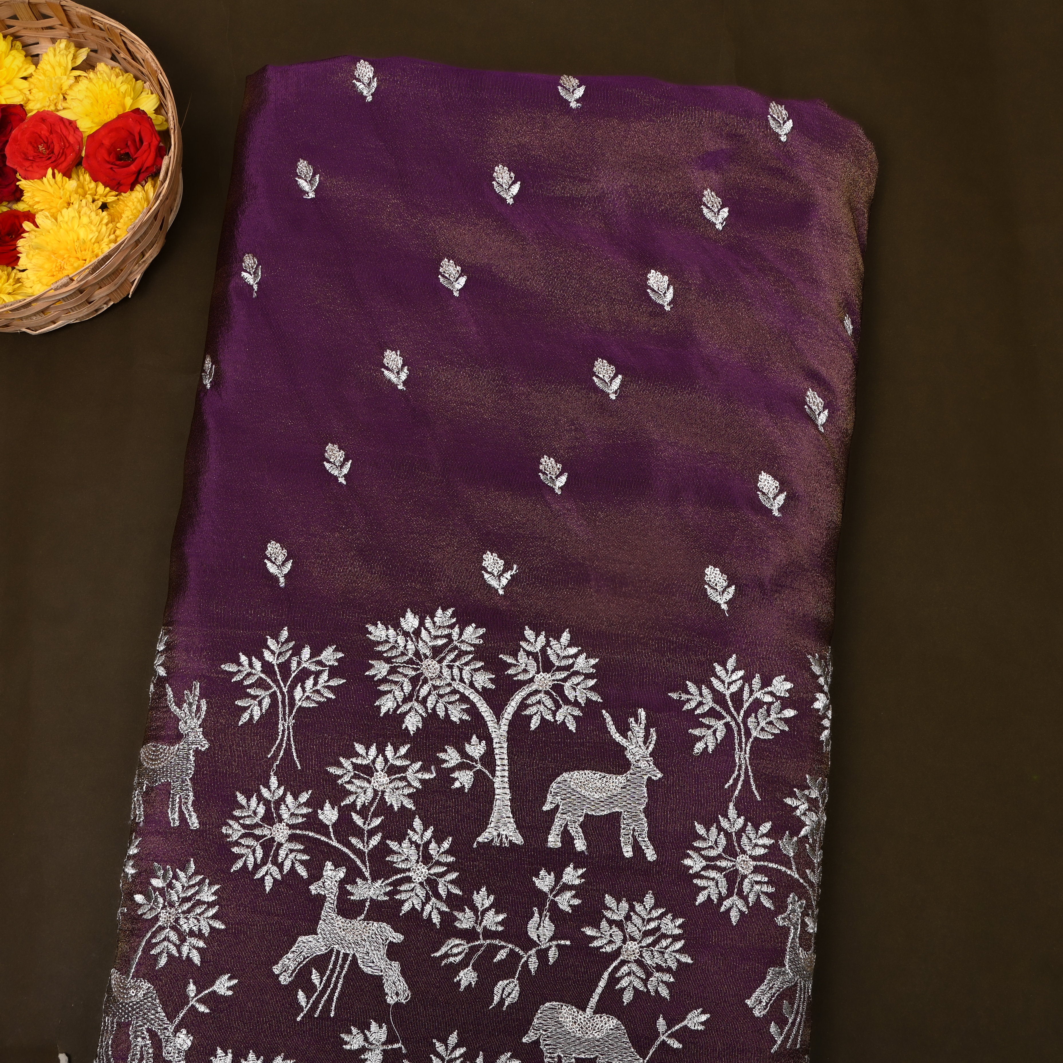 Dark Royal Purple Floral Shikargah Embroidery Tissue Fabric