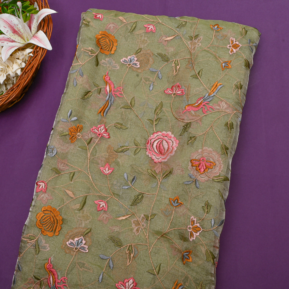 Bright Green Floral Thread WorkTissue Fabric