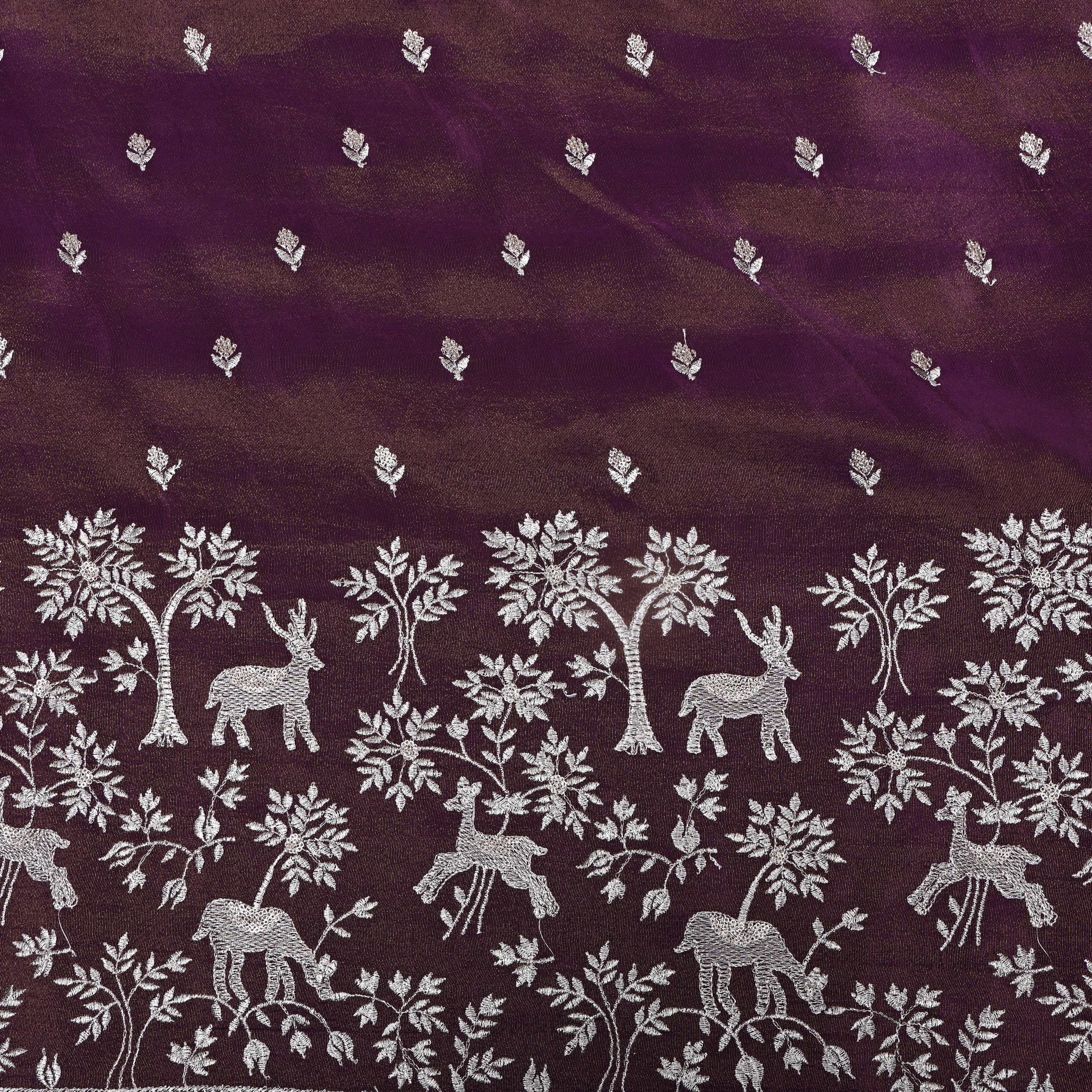Dark Royal Purple Floral Shikargah Embroidery Tissue Fabric