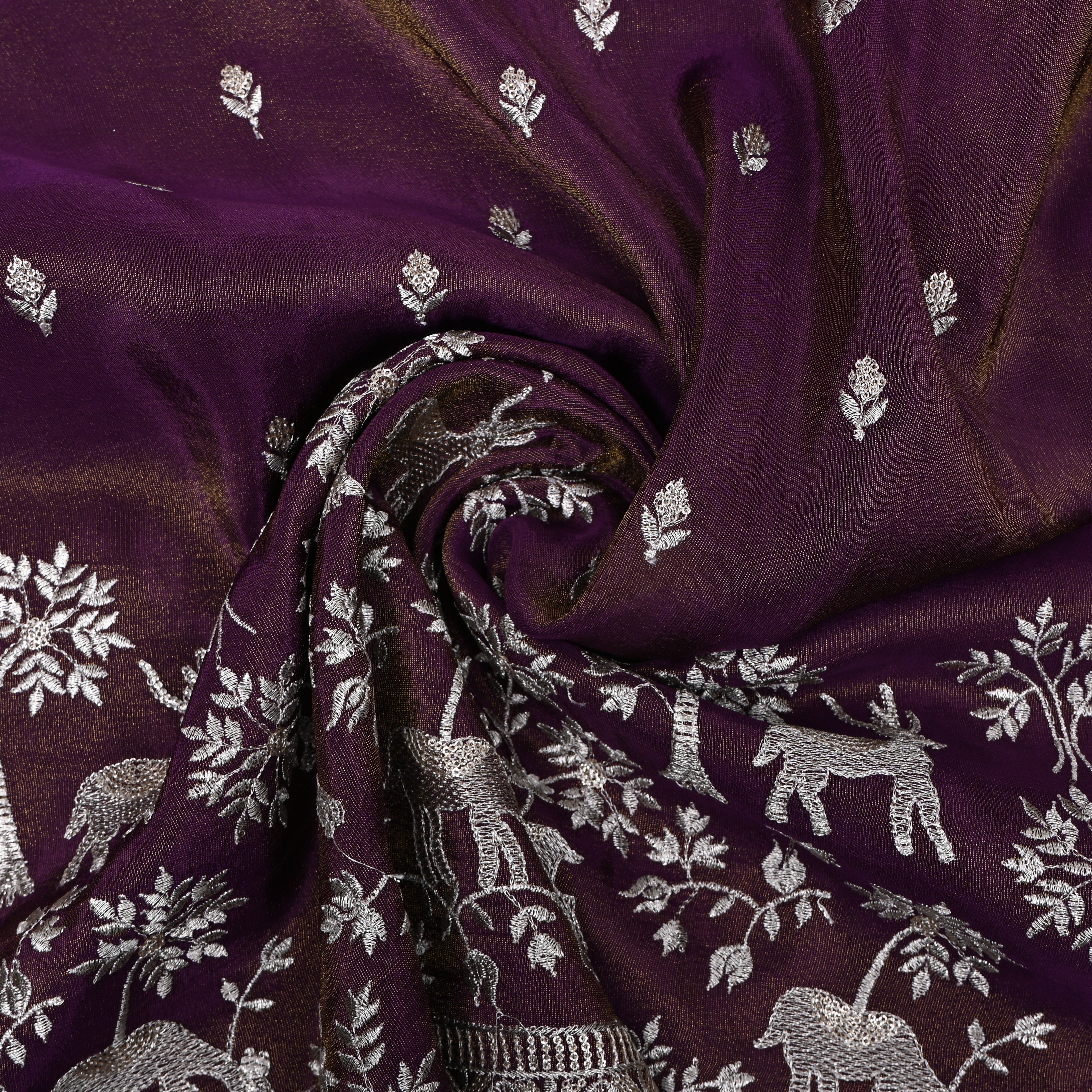 Dark Royal Purple Floral Shikargah Embroidery Tissue Fabric